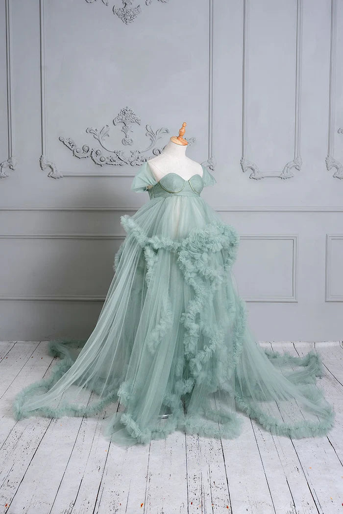 Kate Mint Green One Shoulder Mesh Maternity Photoshoot Dress - Kate Backdrop AU