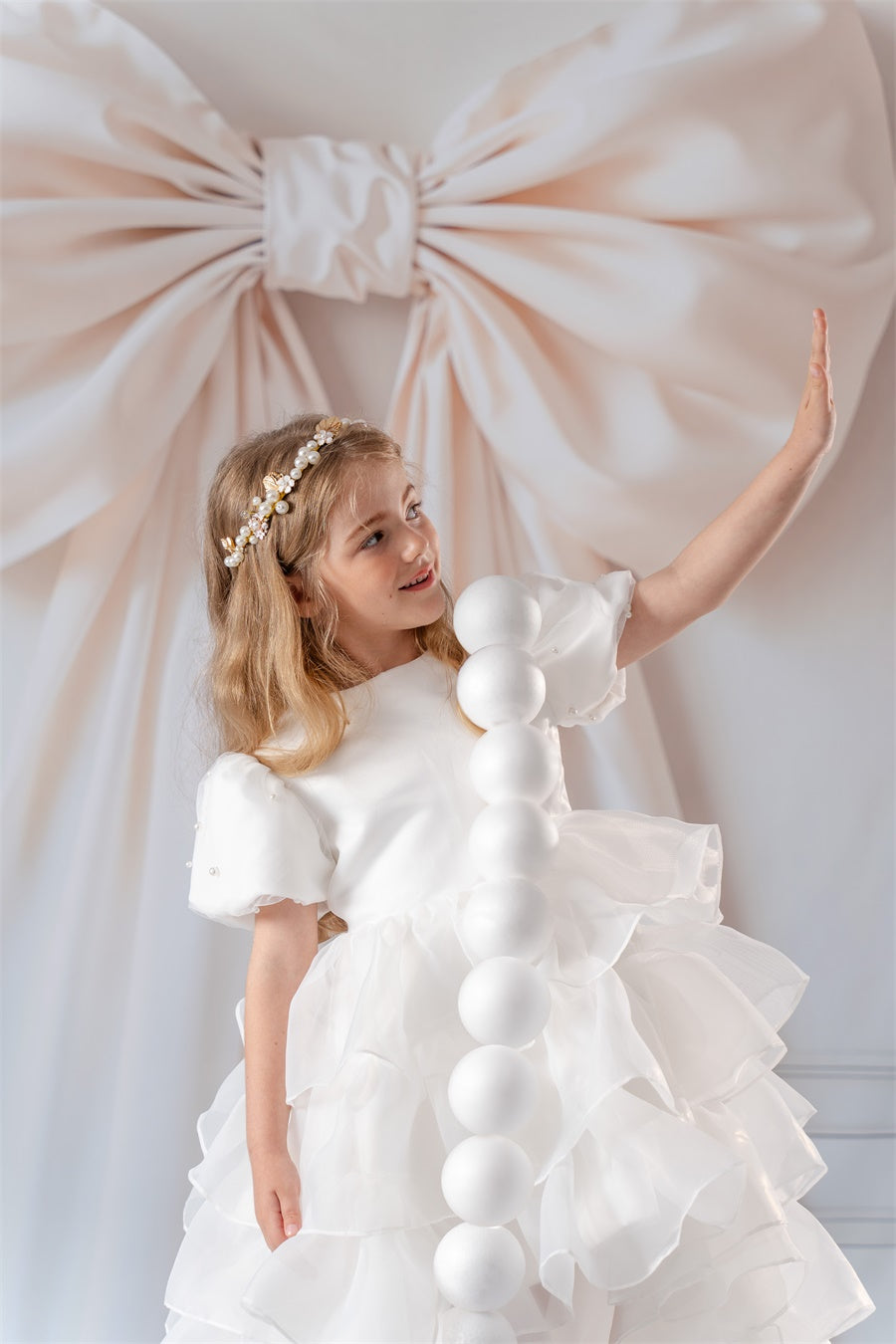 Kate Pure White Mesh Long Tail Children's Gown Dress with pearl hair band - Kate Backdrop AU