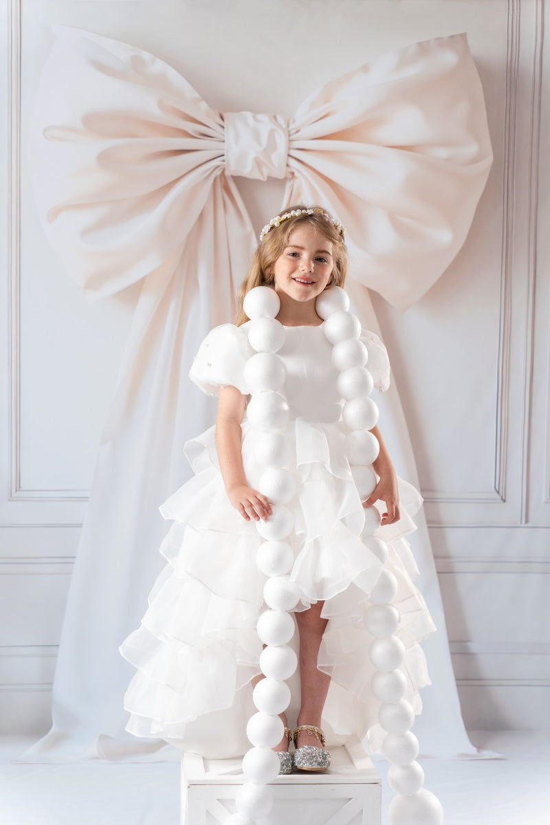 Kate Pure White Mesh Long Tail Children's Gown Dress with pearl hair band - Kate Backdrop AU