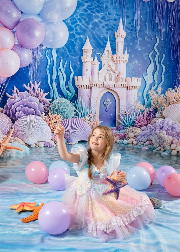 Kate Mermaid Castle Coral Seashell Balloons Fleece Backdrop Designed by Emetselch - Kate Backdrop AU