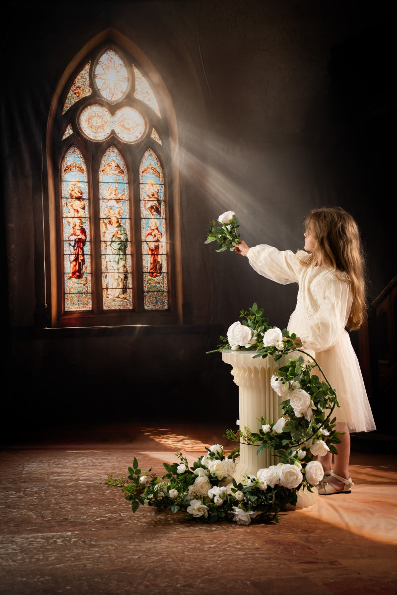 Kate Stained Glass Window Staircase Sunlight Fleece Backdrop Designed by Emetselch - Kate Backdrop AU