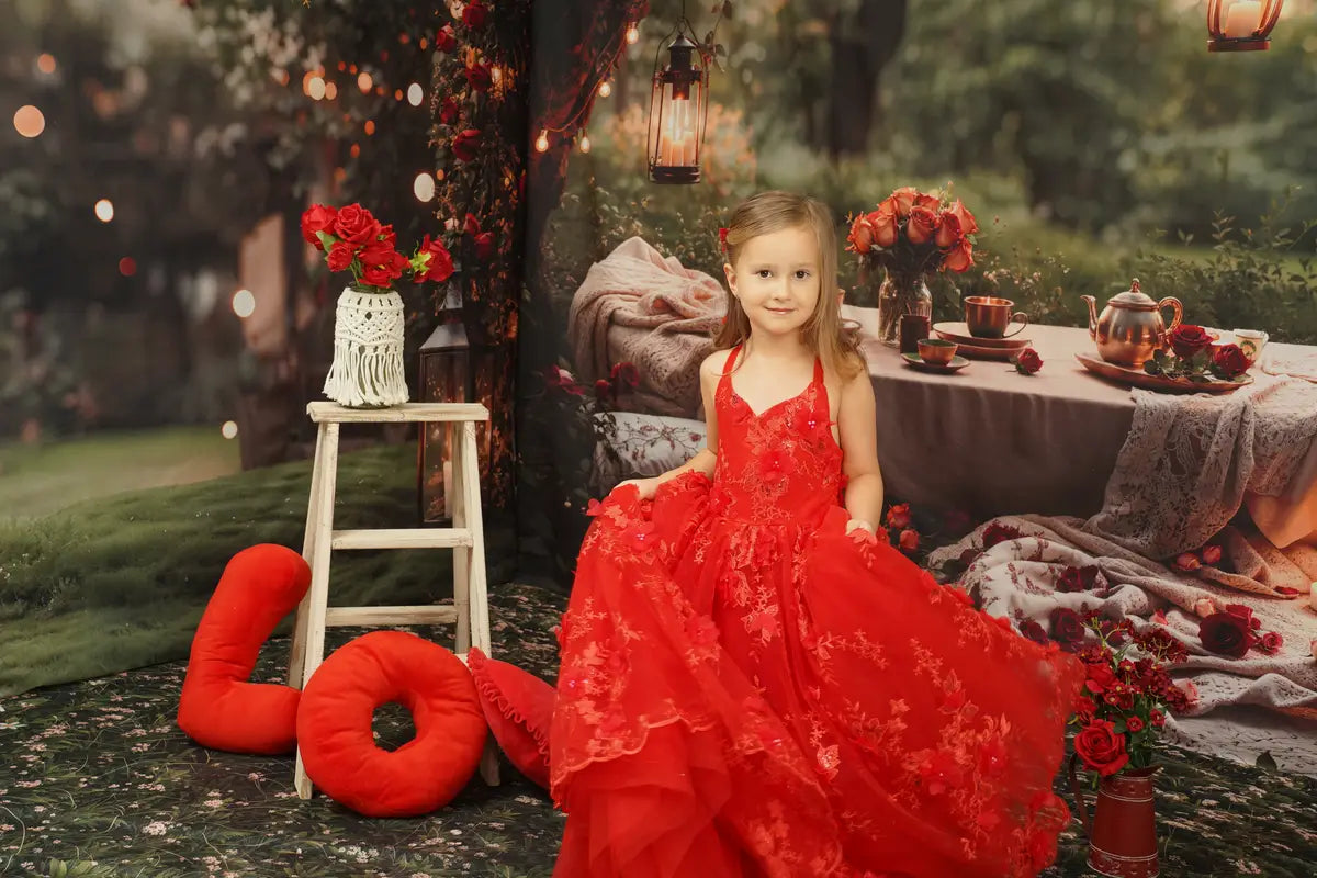 Kate Valentine's Day Red Embroidered Kids Dress for Photography - Kate Backdrop AU