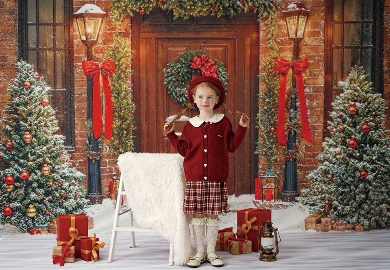 Kate Winter Christmas Tree Red Front Wooden Door Wreath Photo Kit - Kate Backdrop AU