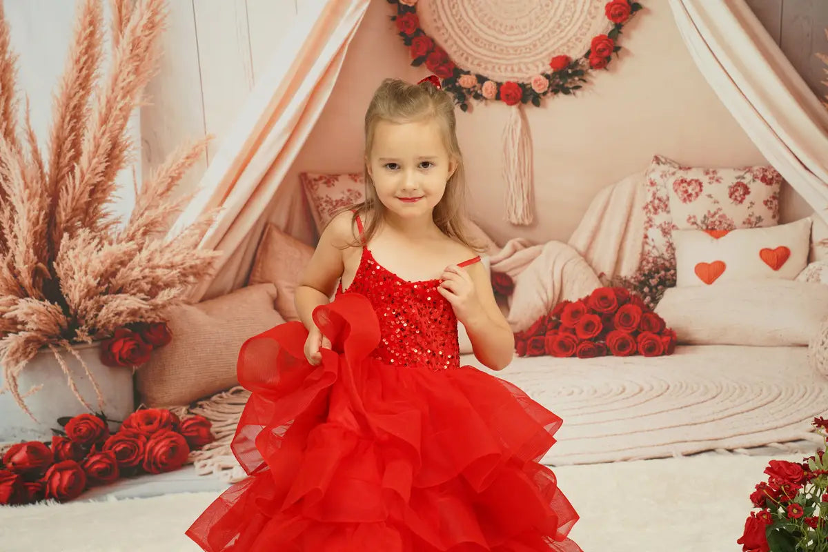 Kate Spring Mother's Day Red Sequined Tulle Kids Dress for Photography - Kate Backdrop AU