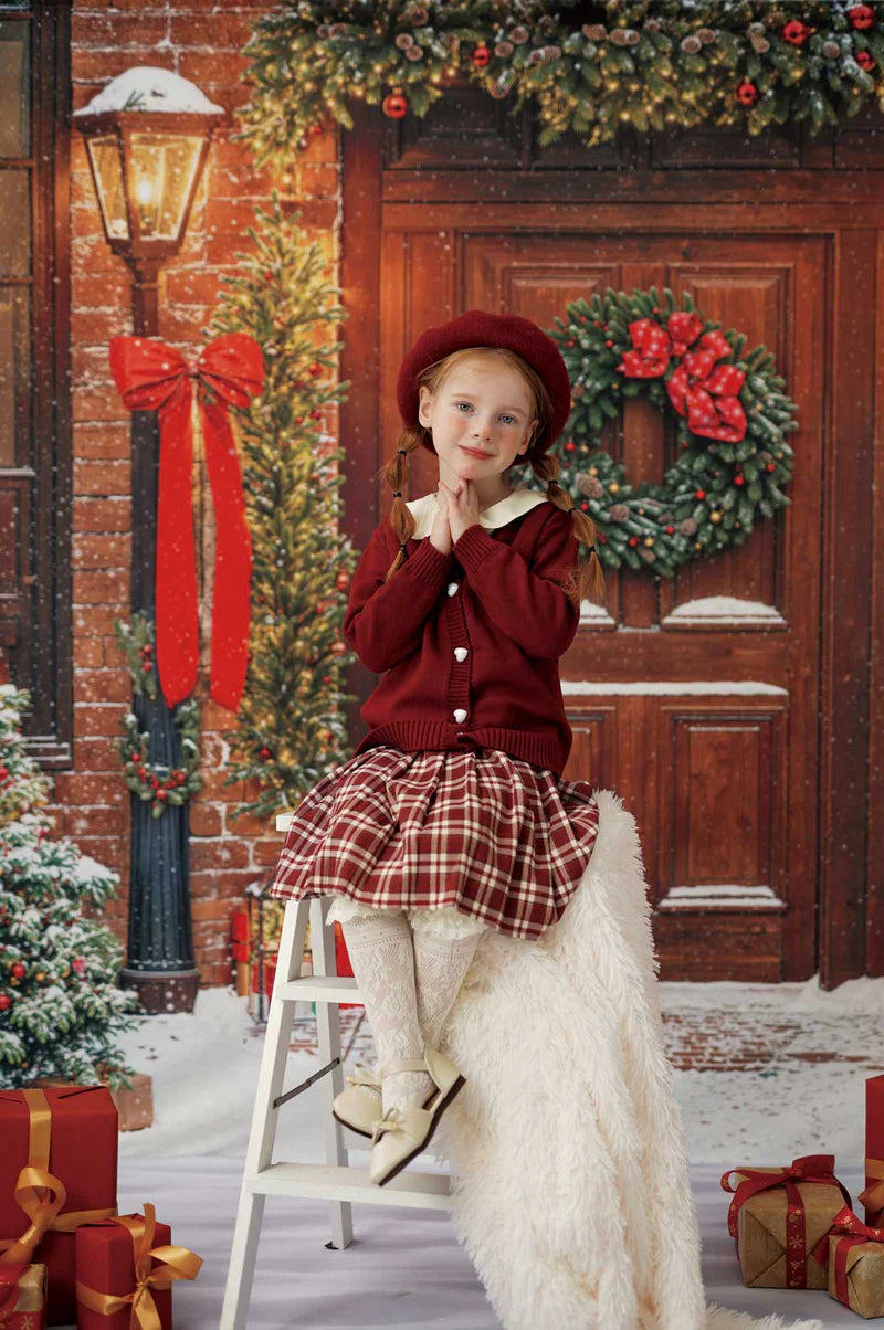 Kate Winter Christmas Tree Red Front Wooden Door Wreath Photo Kit - Kate Backdrop AU