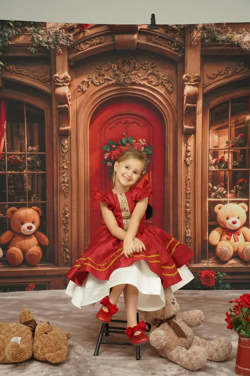 Kate Christmas Red Flying Sleeve Kids Dress for Photography - Kate Backdrop AU