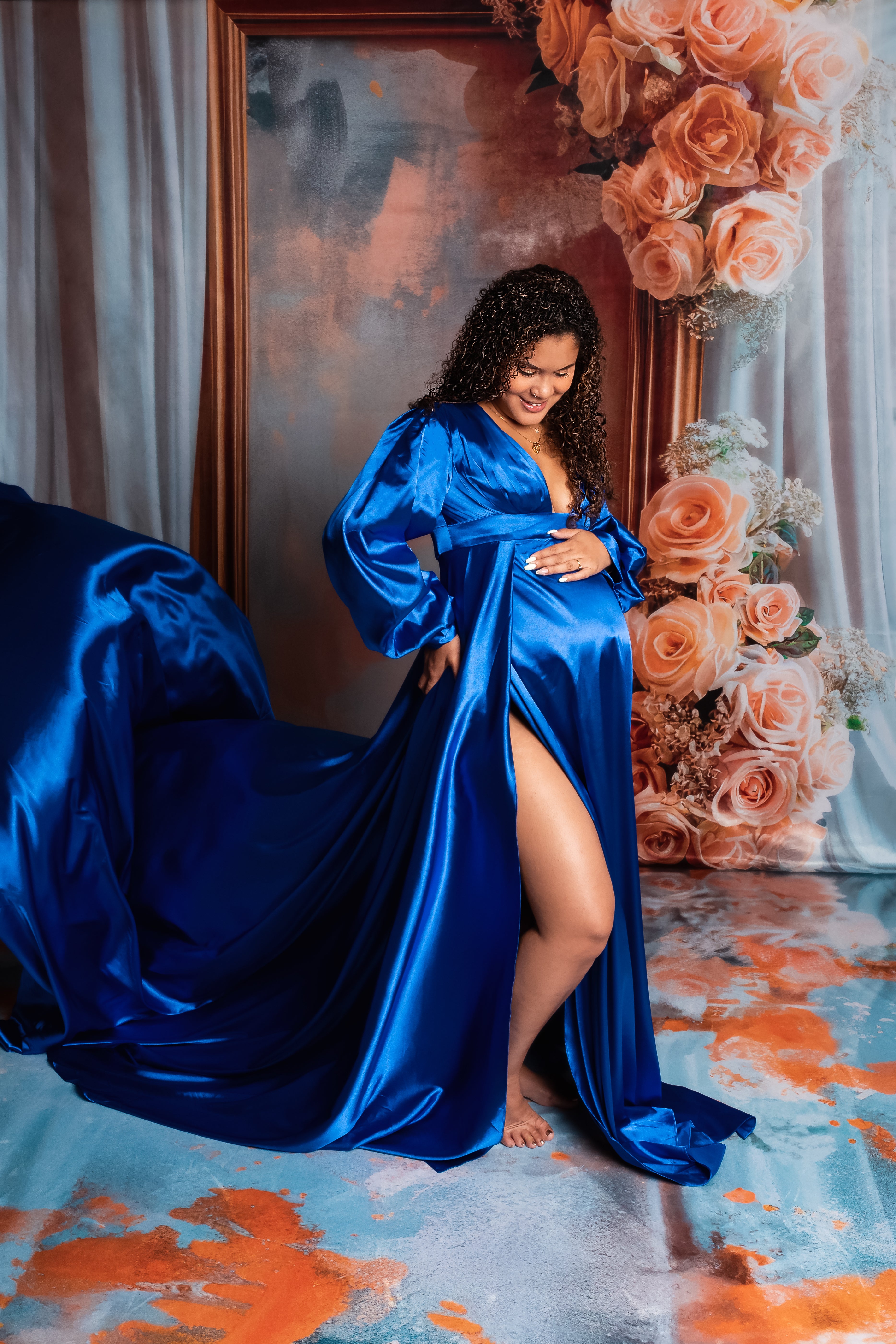 Kate Sapphire Blue Long Sleeve Satin Blue Maternity Photoshoot Dress - Kate Backdrop AU