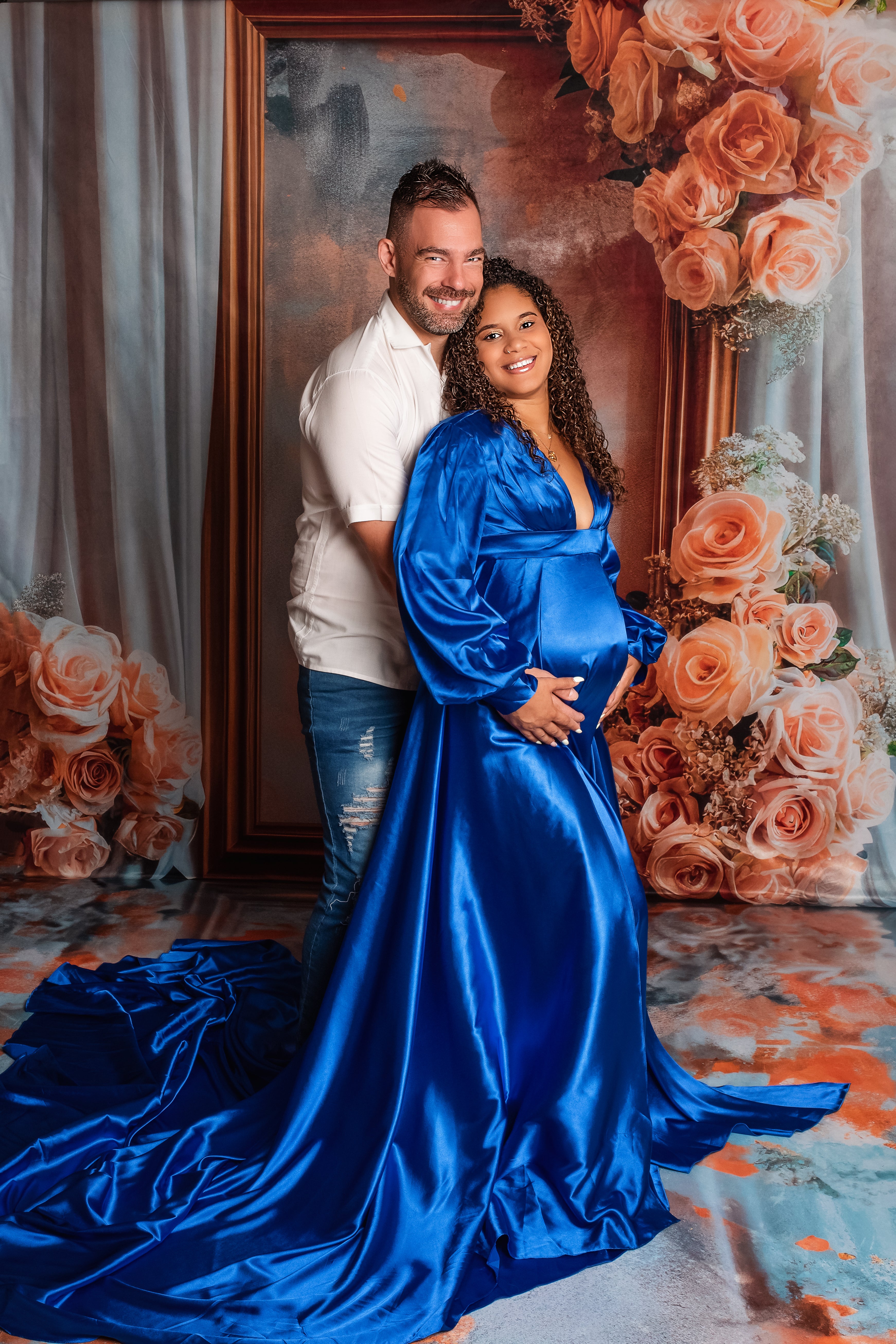 Kate Sapphire Blue Long Sleeve Satin Blue Maternity Photoshoot Dress - Kate Backdrop AU