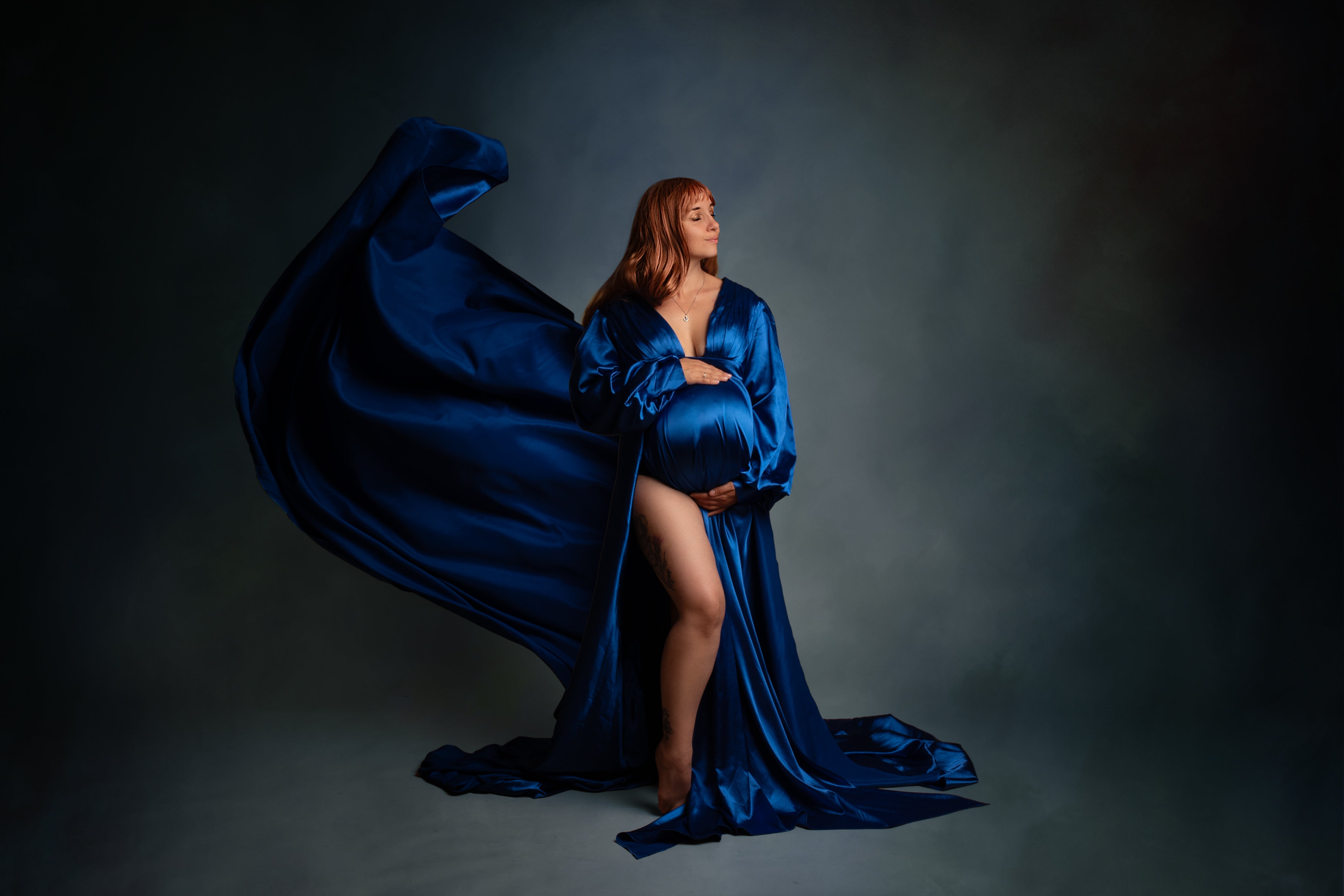 Kate Sapphire Blue Long Sleeve Satin Blue Maternity Photoshoot Dress - Kate Backdrop AU