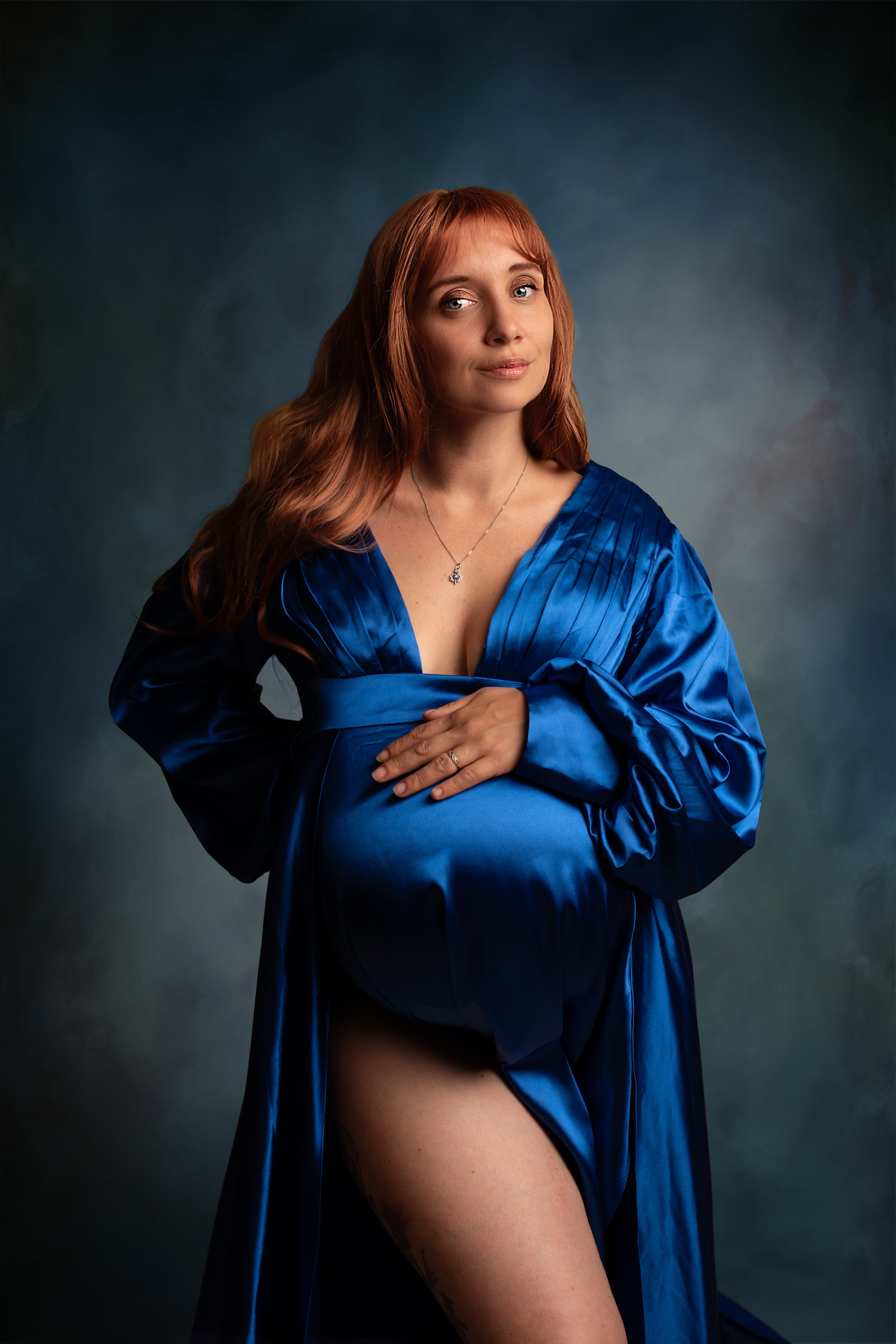 Kate Sapphire Blue Long Sleeve Satin Blue Maternity Photoshoot Dress - Kate Backdrop AU