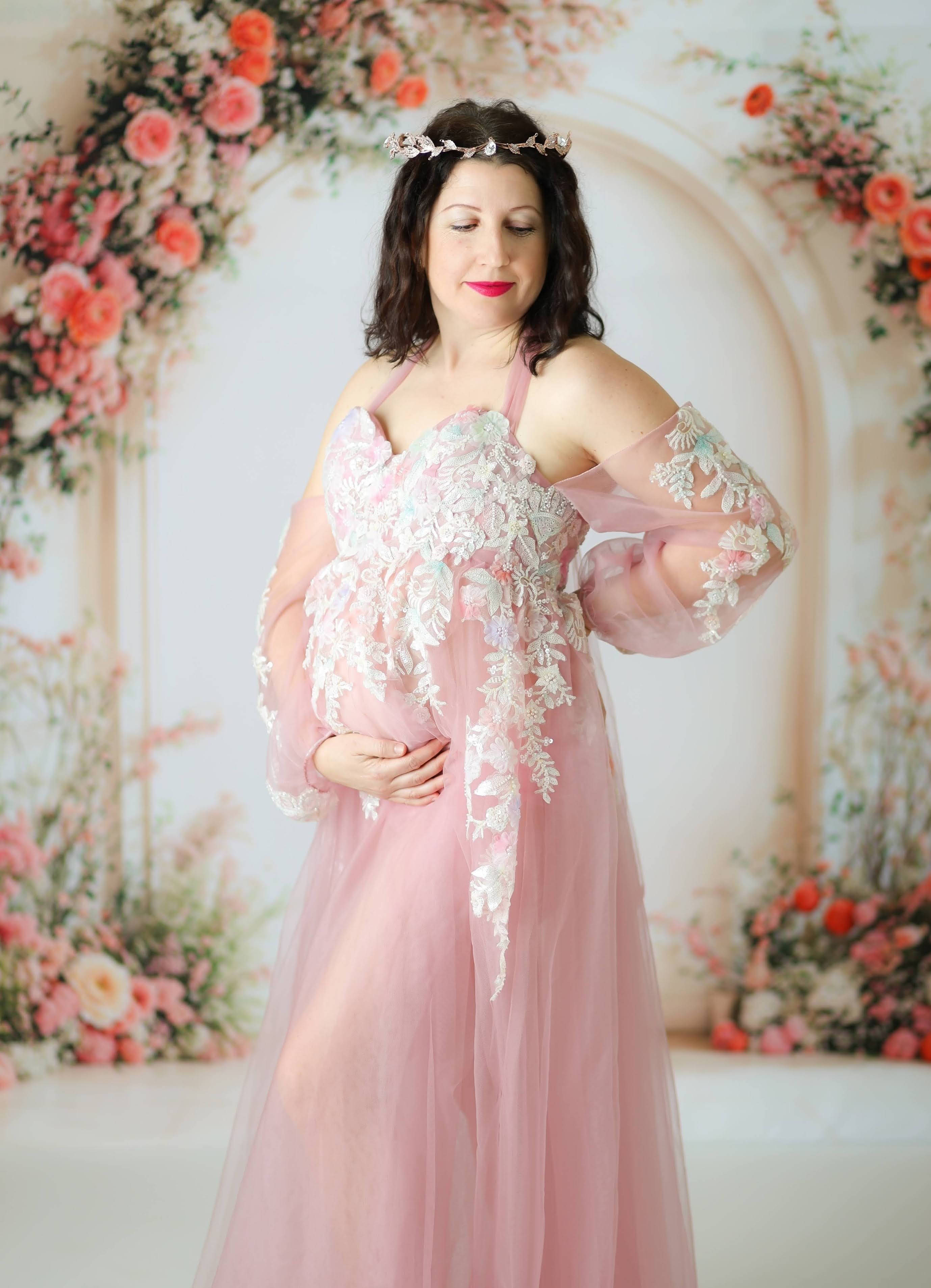 Kate Mesh Hanging Neck Mid Sleeve Trailing Maternity Photoshoot Dress - Kate Backdrop AU