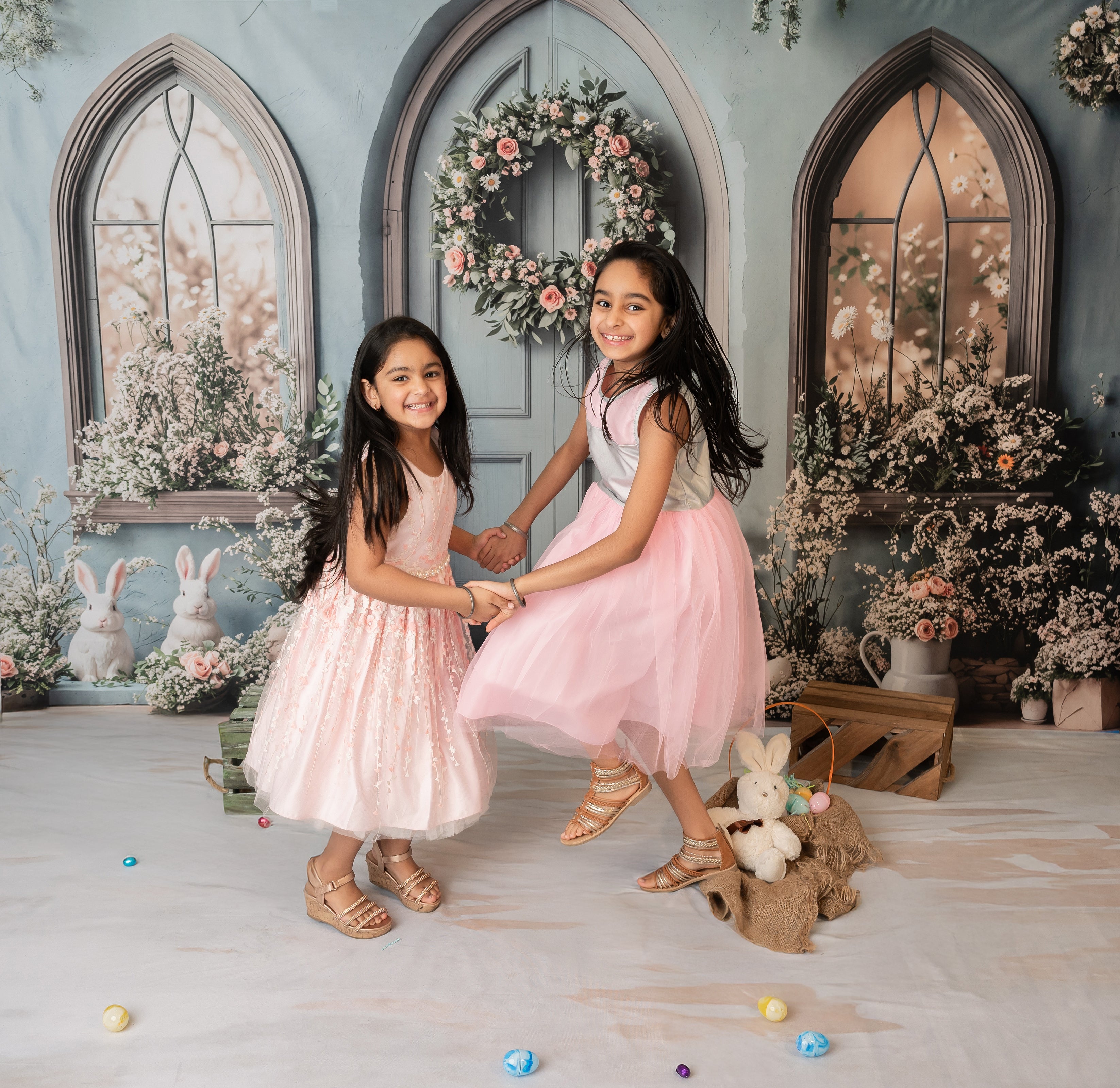 Kate Easter Bunny Wreath Door Backdrop+Abstract Texture Floor Backdrop - Kate Backdrop AU