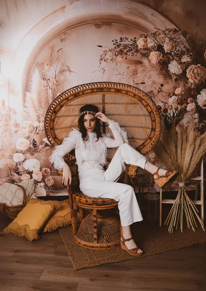 Kate Boho Backdrop Light Beige Reed White Floral Arched Wall Designed by Emetselch - Kate Backdrop AU