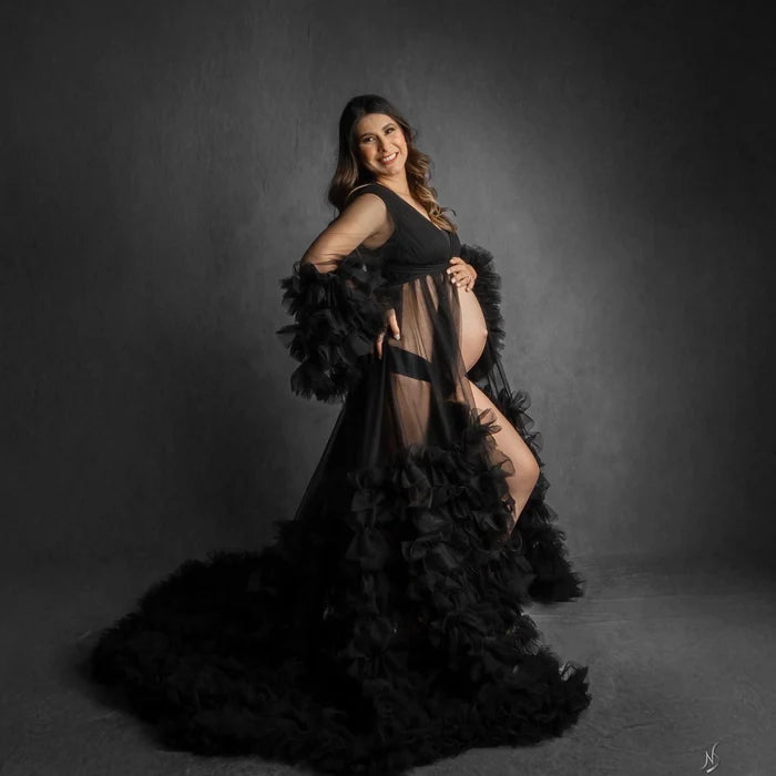 Kate Mesh V-neck Trailing Mid Sleeve Maternity Photoshoot Dress - Kate Backdrop AU