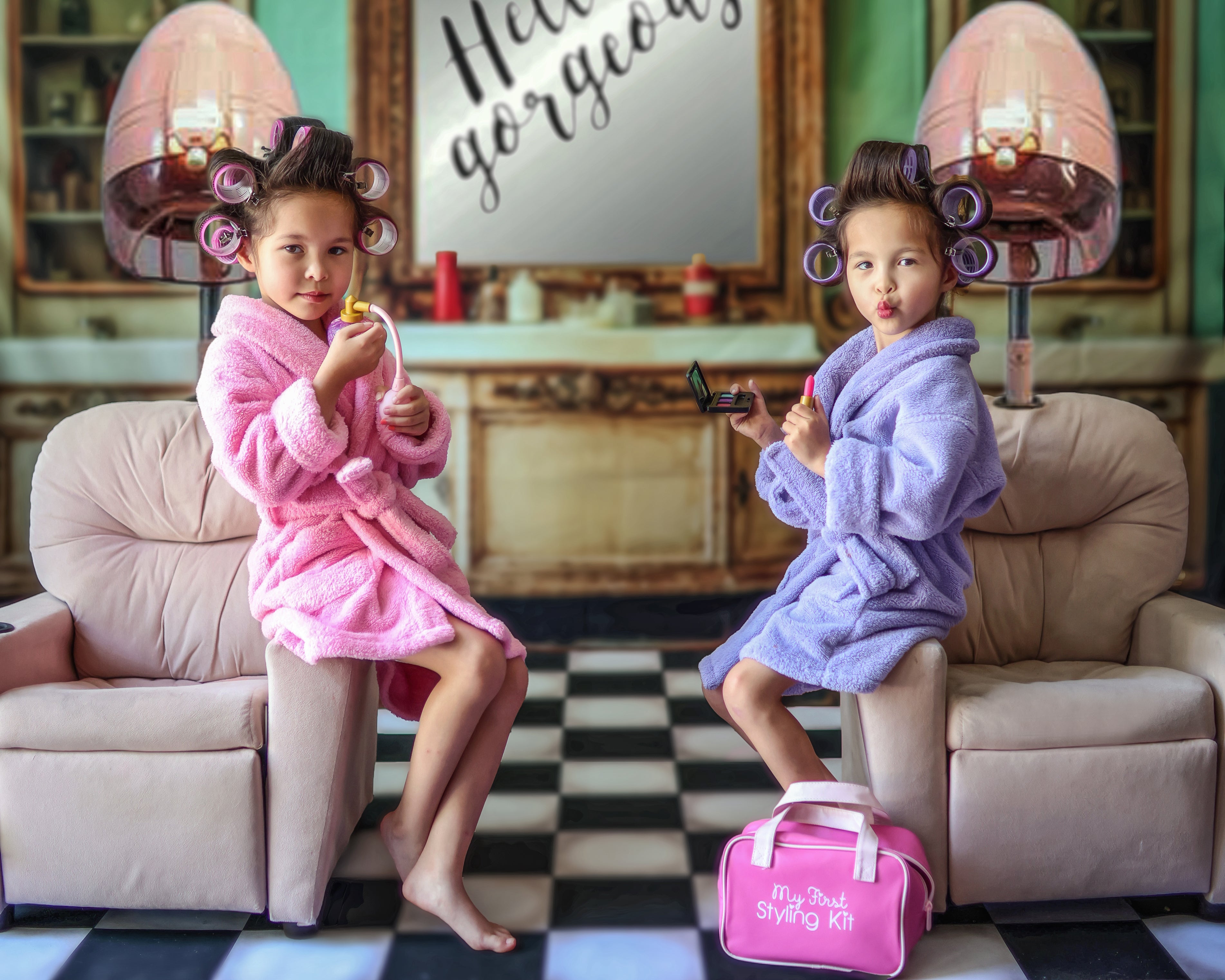 Kate Indoor Retro Beauty Shop Green Strips Wall Backdrop Designed by Emetselch - Kate Backdrop AU