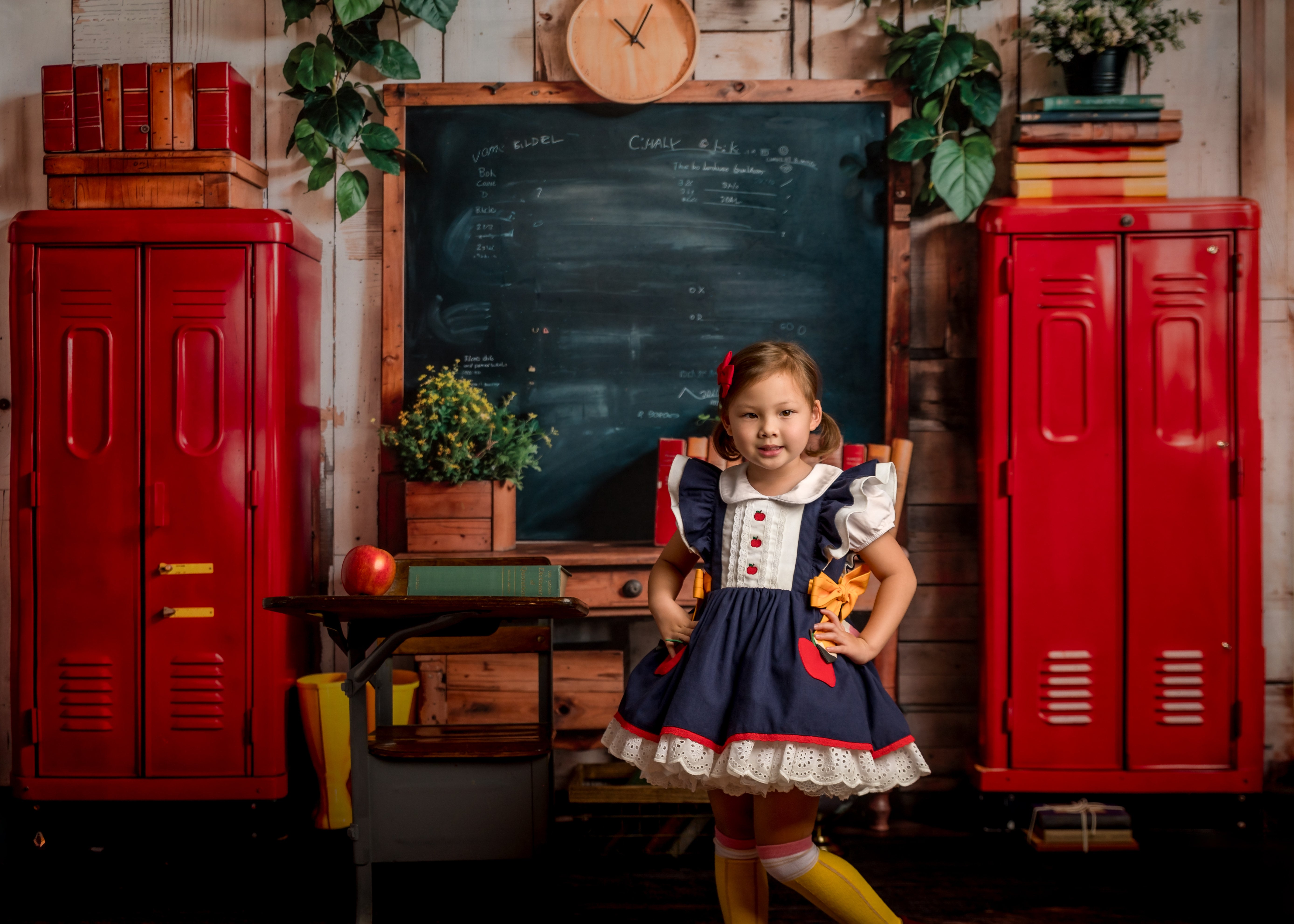 Girl standing front of blackboard on back to school backdrop