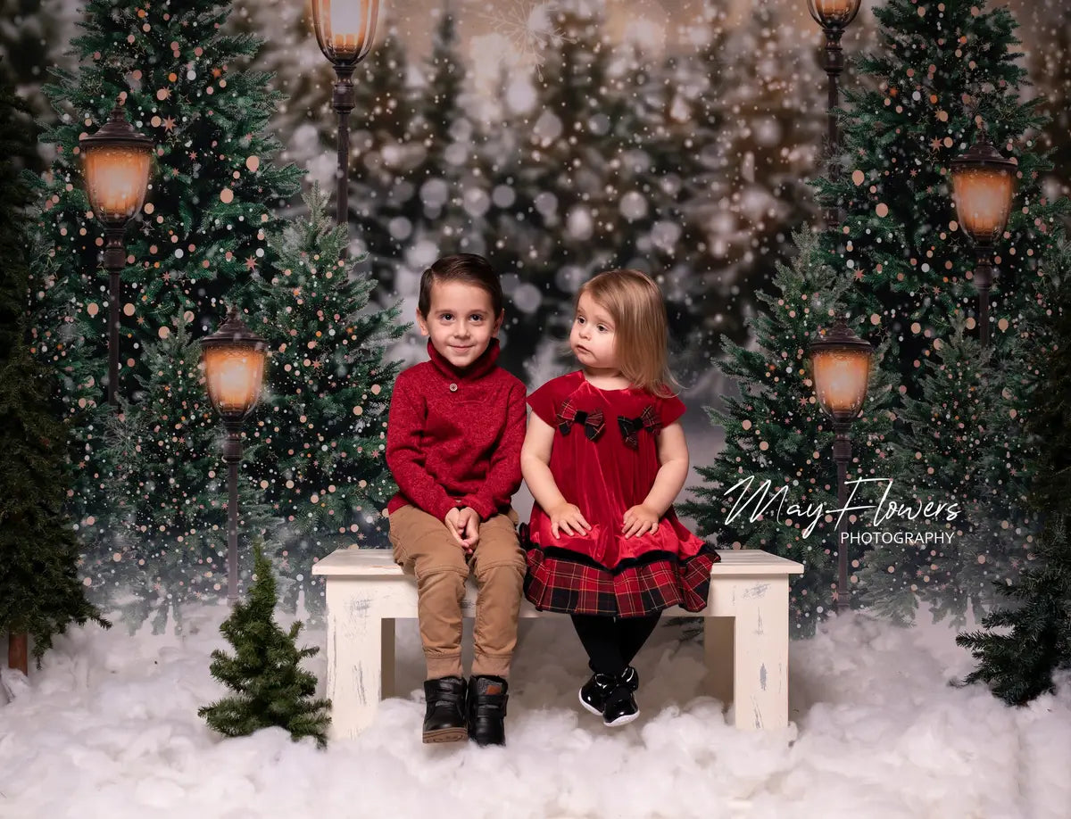 Kate Christmas Snow Forest Lights Fleece Backdrop for Photography - Kate Backdrop AU