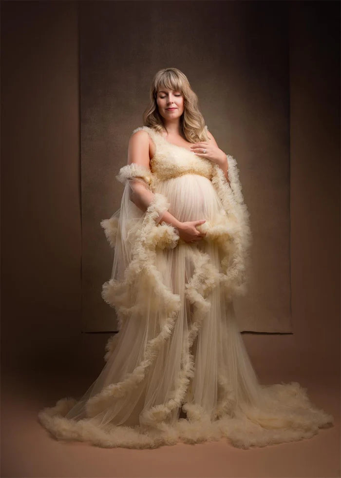 Kate One Shoulder Mesh Champagne Maternity Photoshoot Dress - Kate Backdrop AU