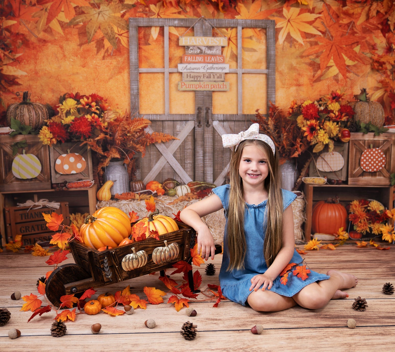 Kate Autumn Leaves with Pumpkins Thanksgiving Backdrop