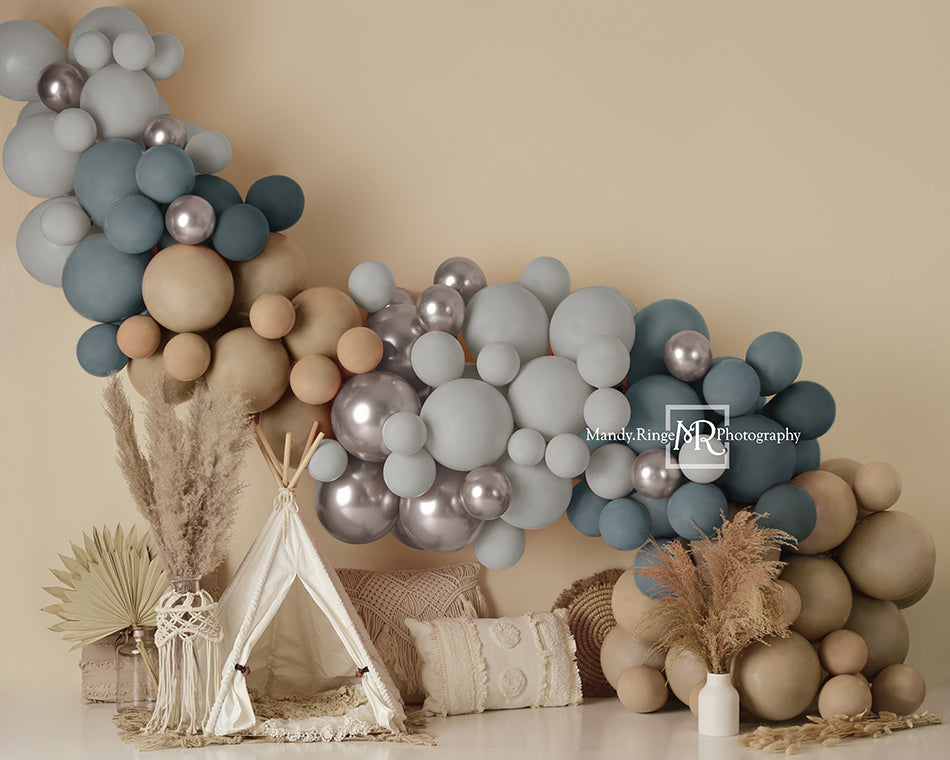 Kate Boho Balloons Tent Fleece Backdrop Matte Blue Designed by Mandy Ringe Photography - Kate Backdrop AU