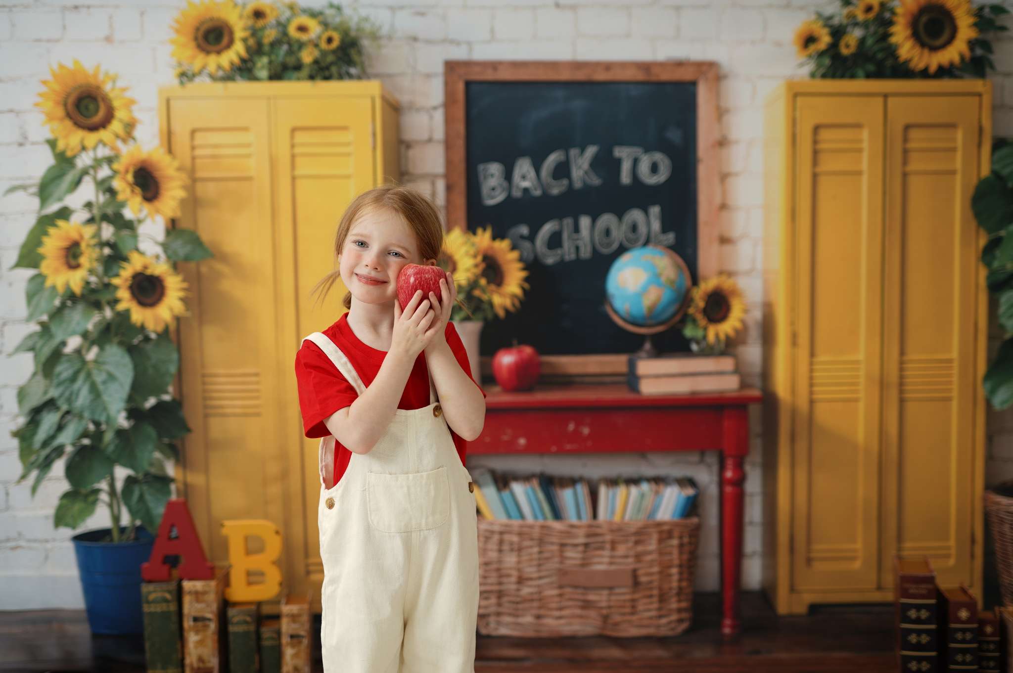 Kate Back to School Sunflowers Backdrop+Brown Wood Floor Backdrop for Photography