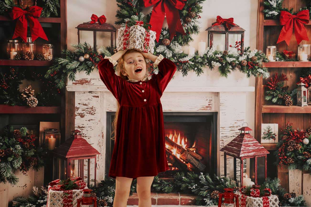 Kate Christmas Retro Fireplace Bow Backdrop Designed by Emetselch - Kate Backdrop AU