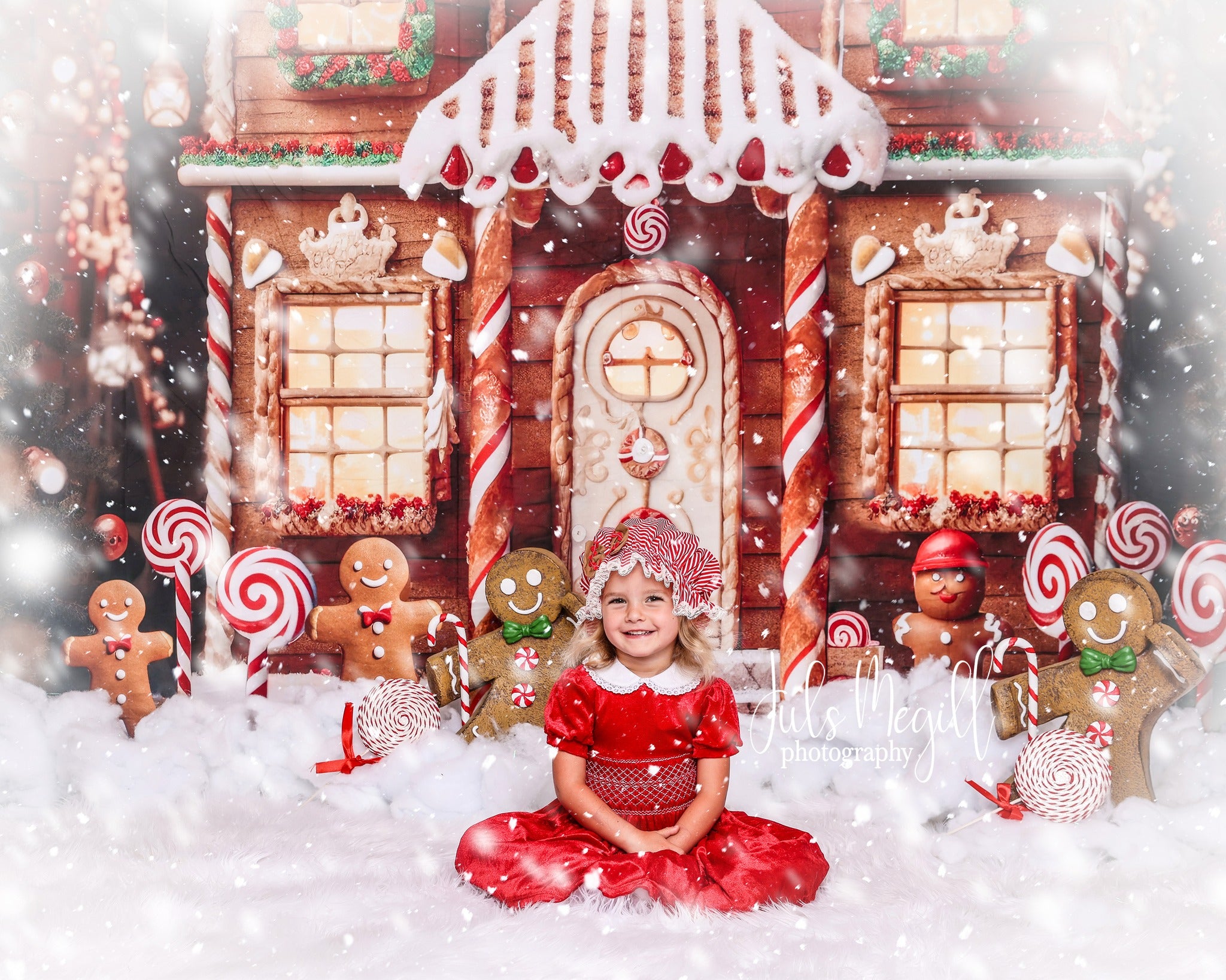Girl in red dress sitting in front of gingerbread house snowy backdrop