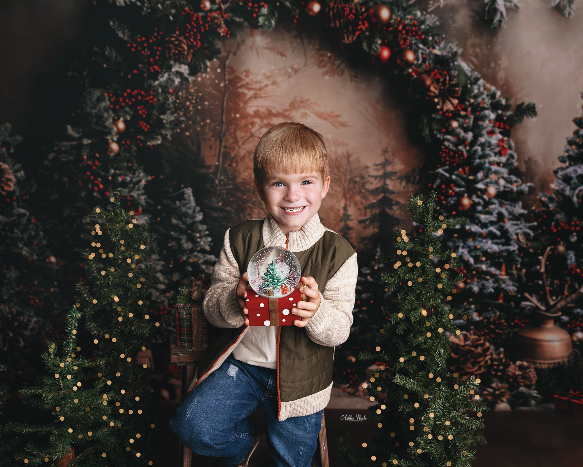 Boy holding crystal ball sitting in front of Christmas Green Plan Backdrop