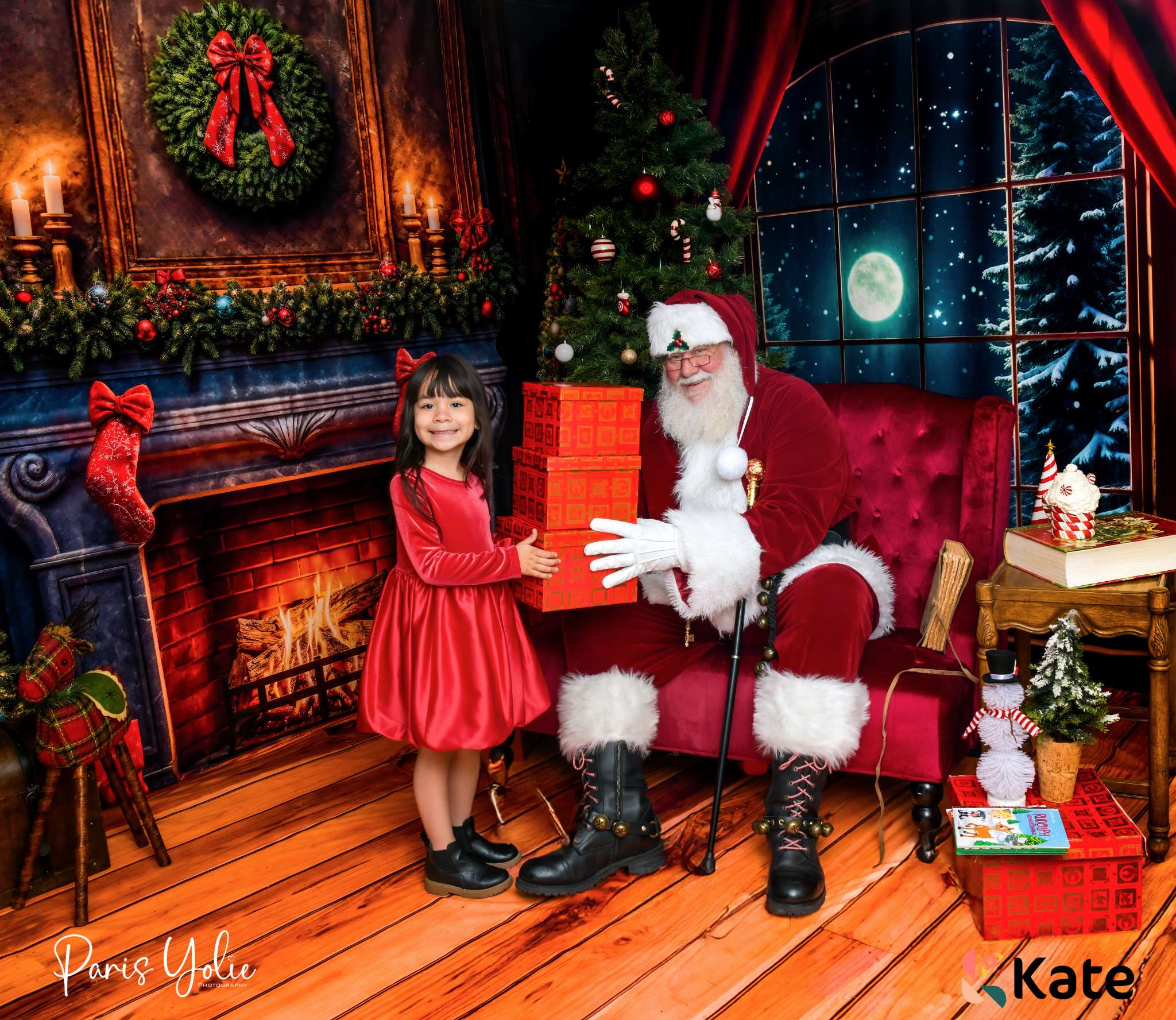 Kate Christmas Night Fireplace Window Room Set(8ftx8ft&10ftx8ft&8ftx10ft) - Kate Backdrop AU