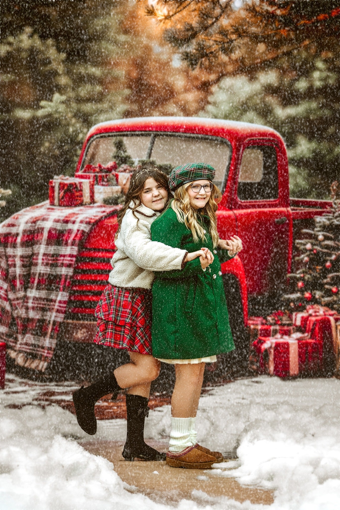 Kate Christmas Red Truck Plaid Forest Backdrop