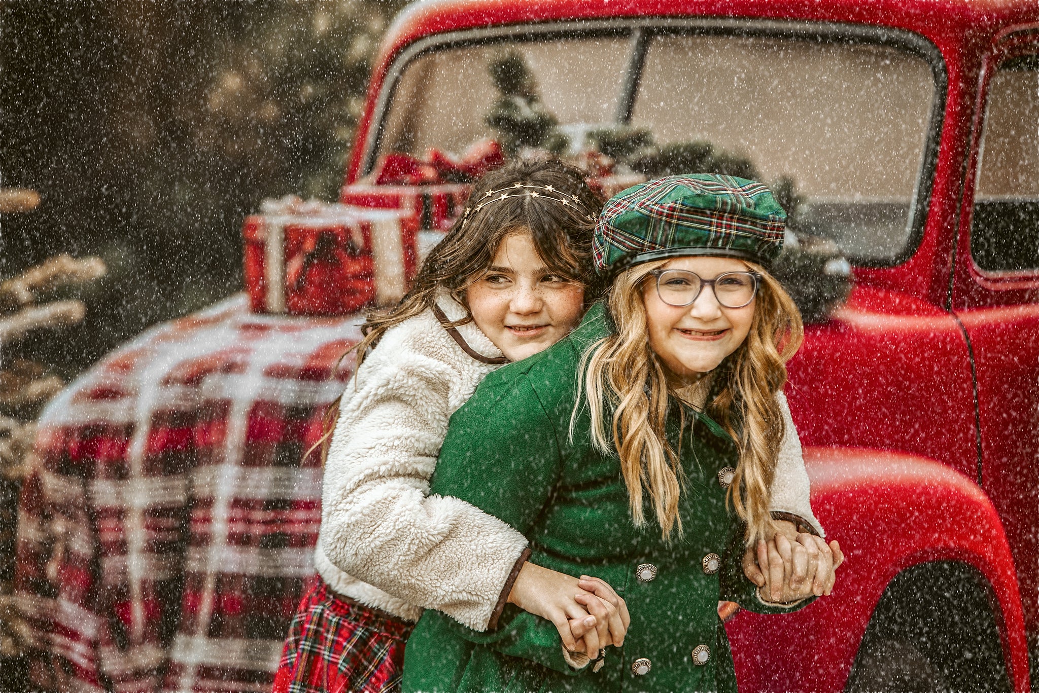 Kate Christmas Red Truck Plaid Forest Backdrop