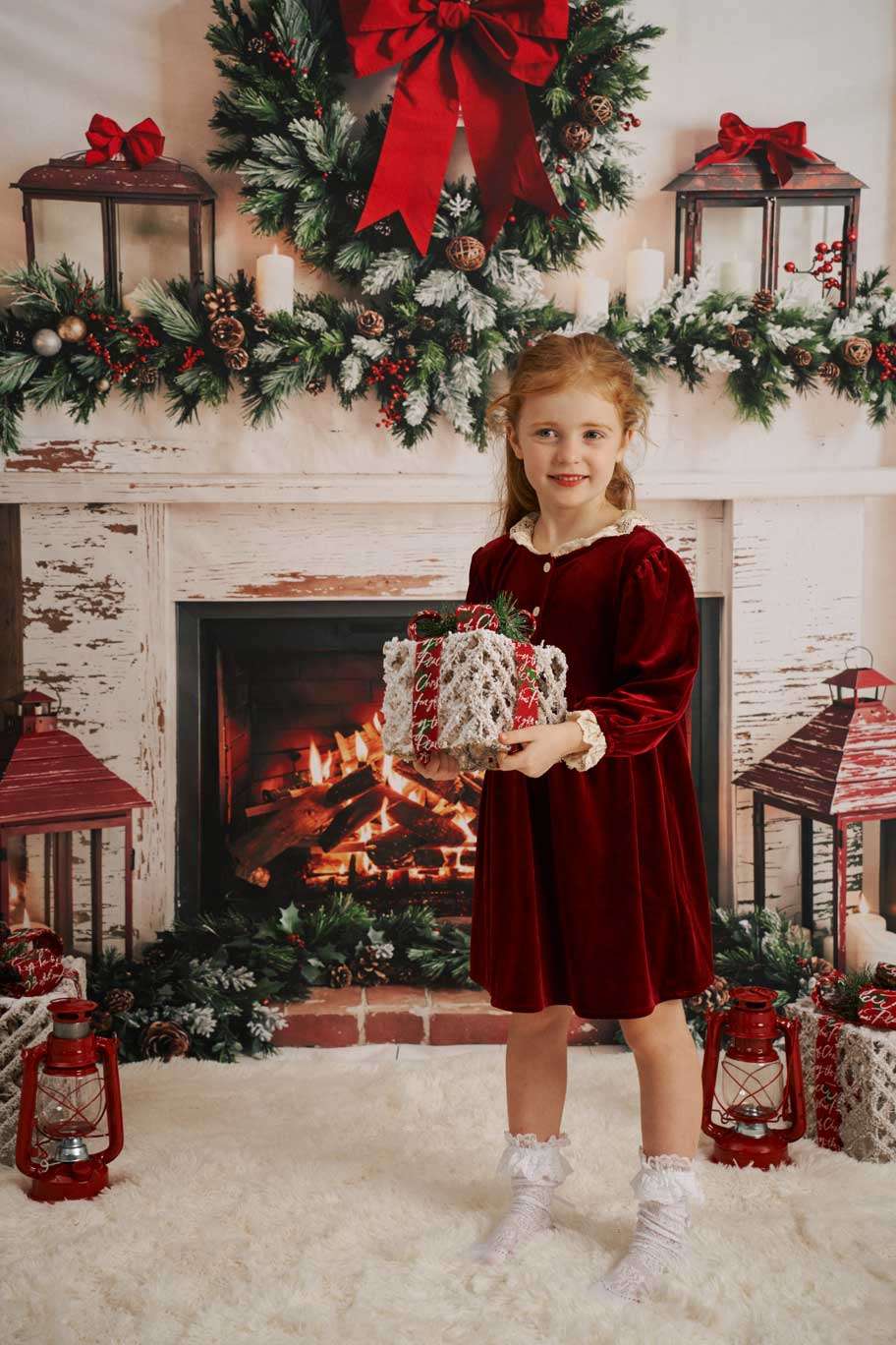 Kate Christmas Fireplace Bow Backdrop+Wood Floor Backdrop - Kate Backdrop AU