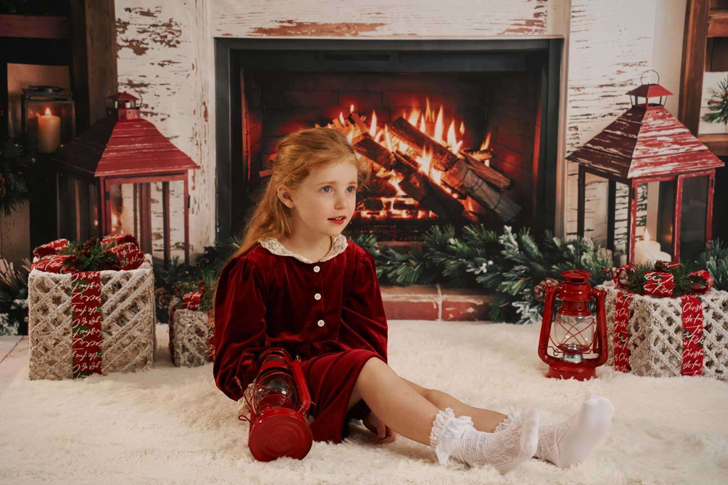 Kate Christmas Fireplace Bow Backdrop+Wood Floor Backdrop - Kate Backdrop AU