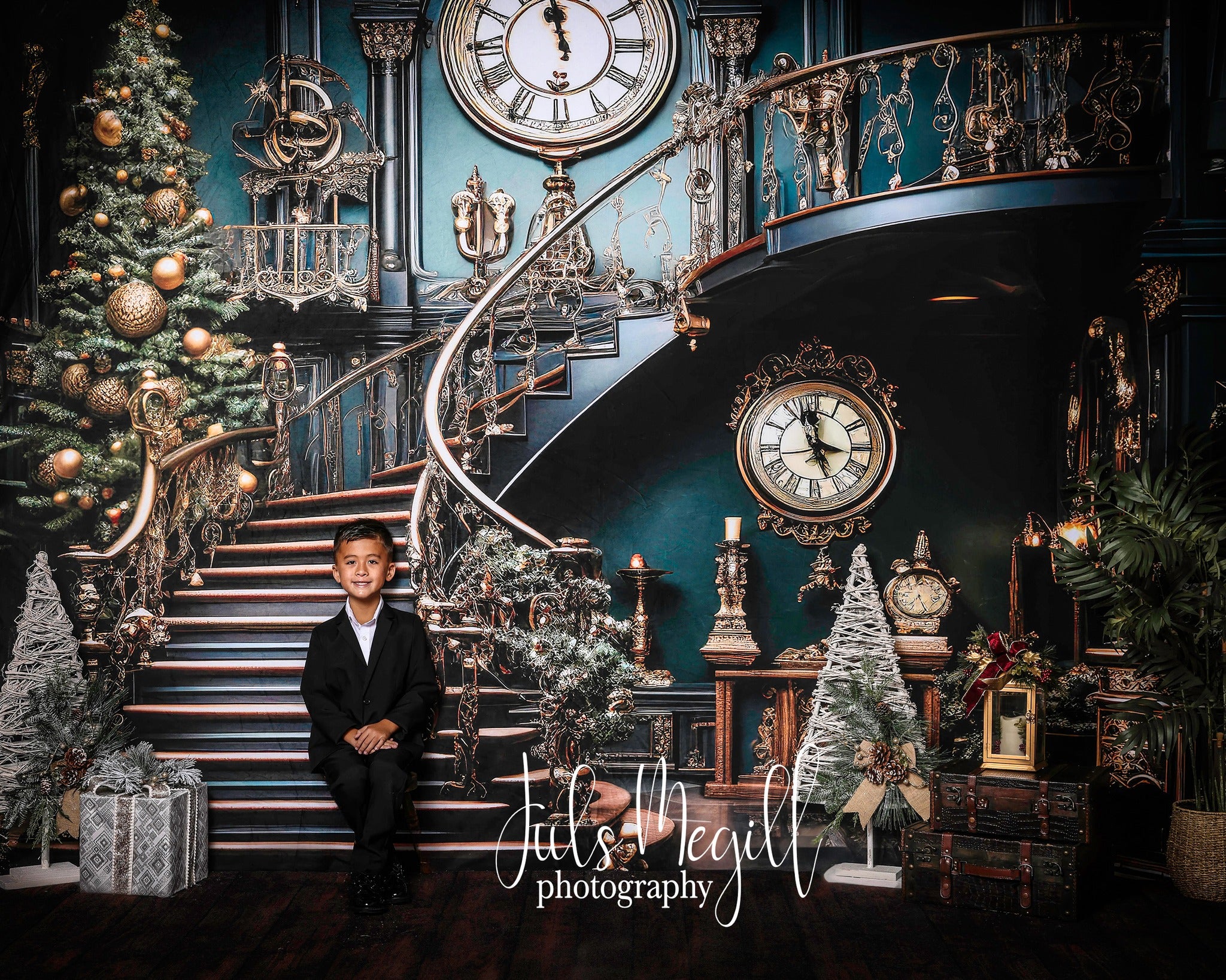 Kate Christmas Stair Clock Backdrop Designed by Chain Photography - Kate Backdrop AU