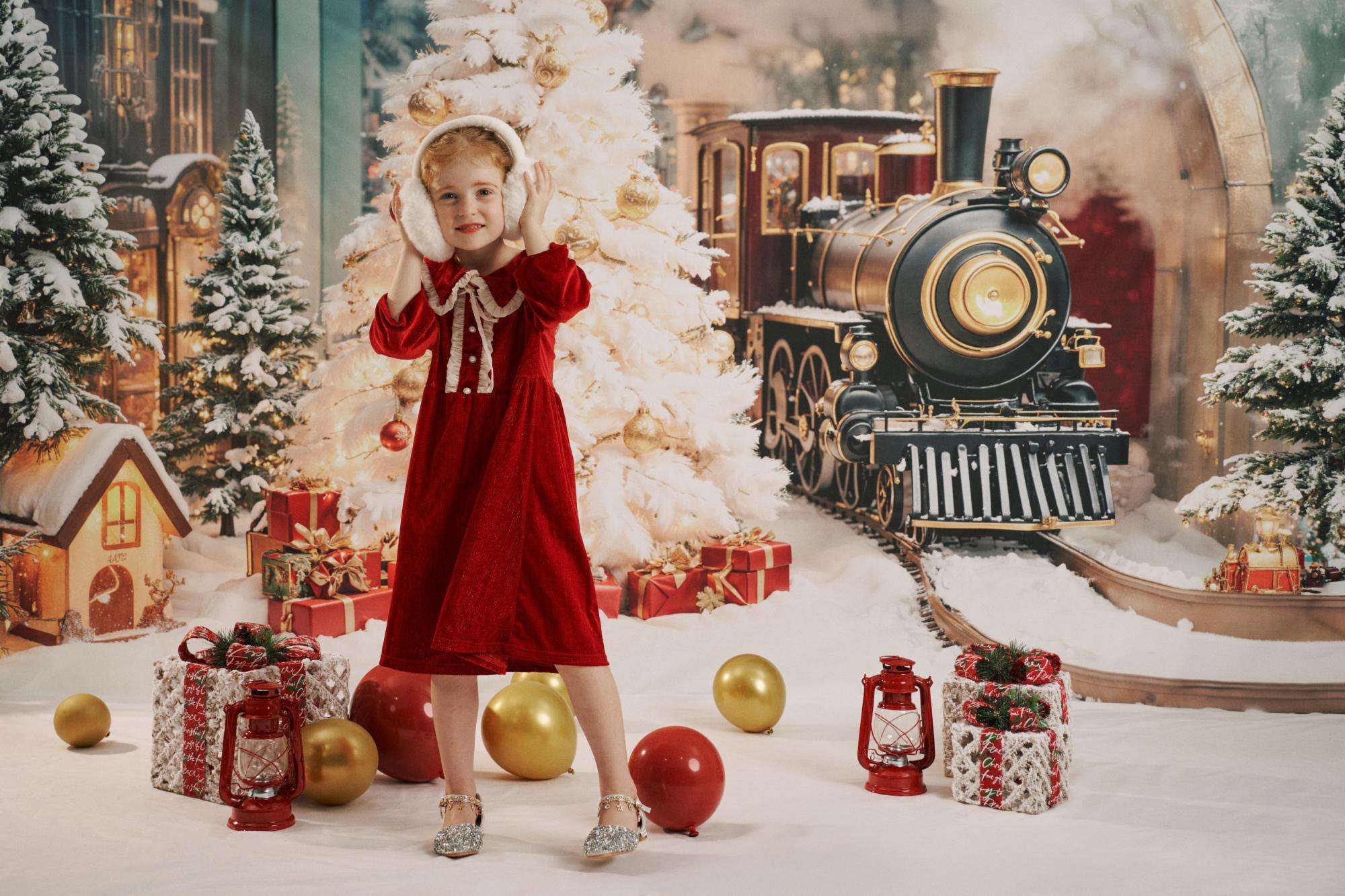 Kate Christmas Tree Train Backdrop+Winter Snow Floor Backdrop - Kate Backdrop AU