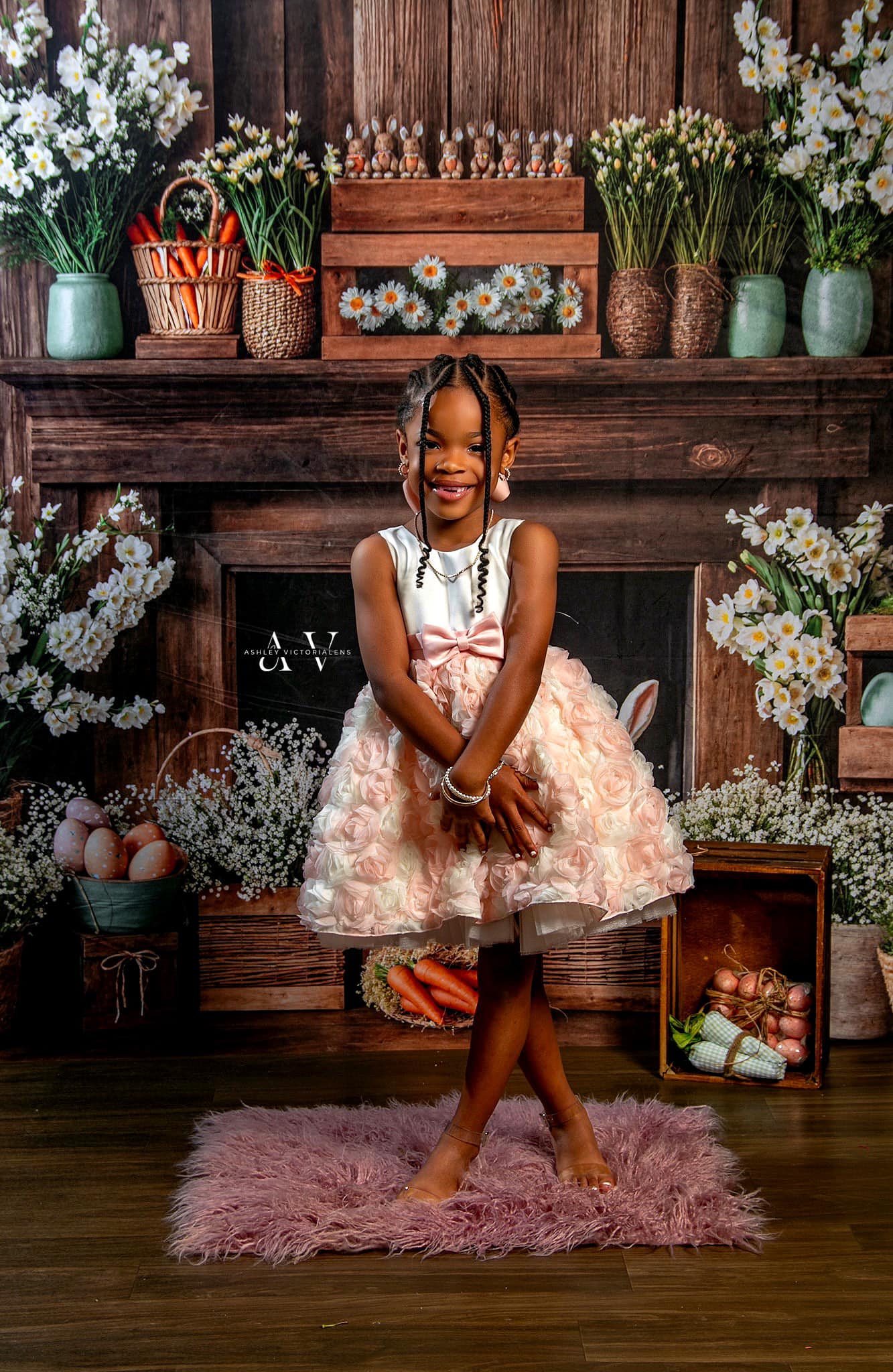 Kate Easter Fireplace Bunny Rustic Floral Backdrop Designed by Emetselch - Kate Backdrop AU