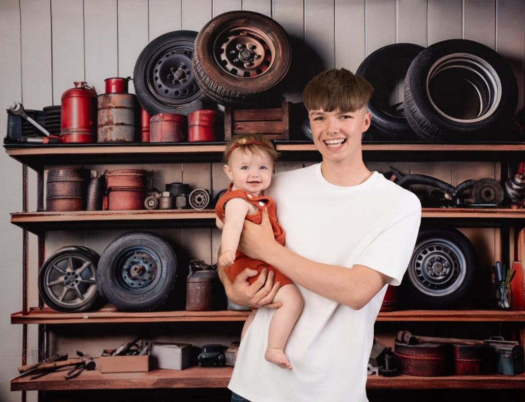 Kate Mechanic Garage Shelves Backdrop Designed by Mandy Ringe Photography