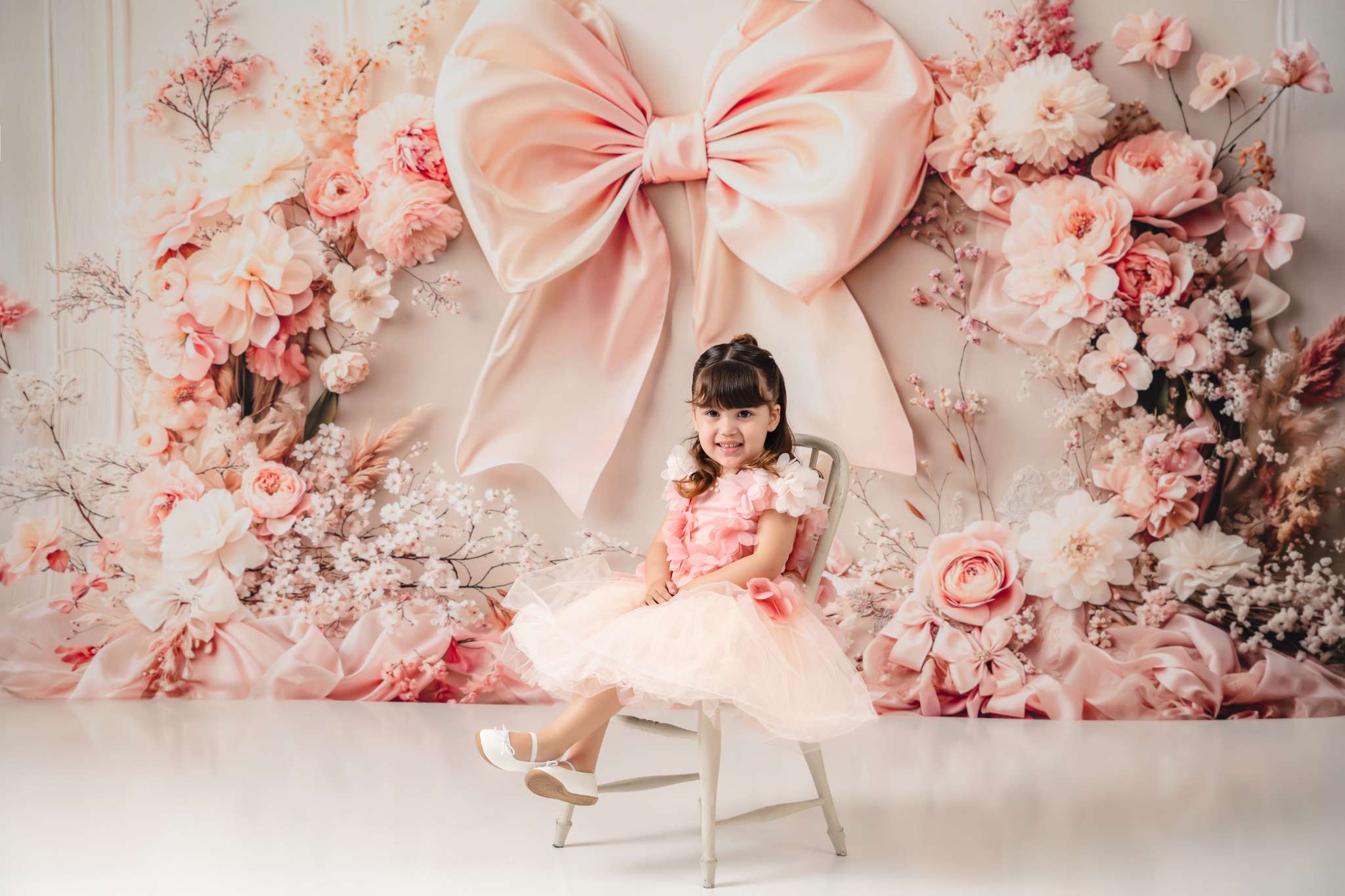 Kate Fleece Pink Flowers Bow Backdrop Birthday Cake Smash Designed by Emetselch - Kate Backdrop AU