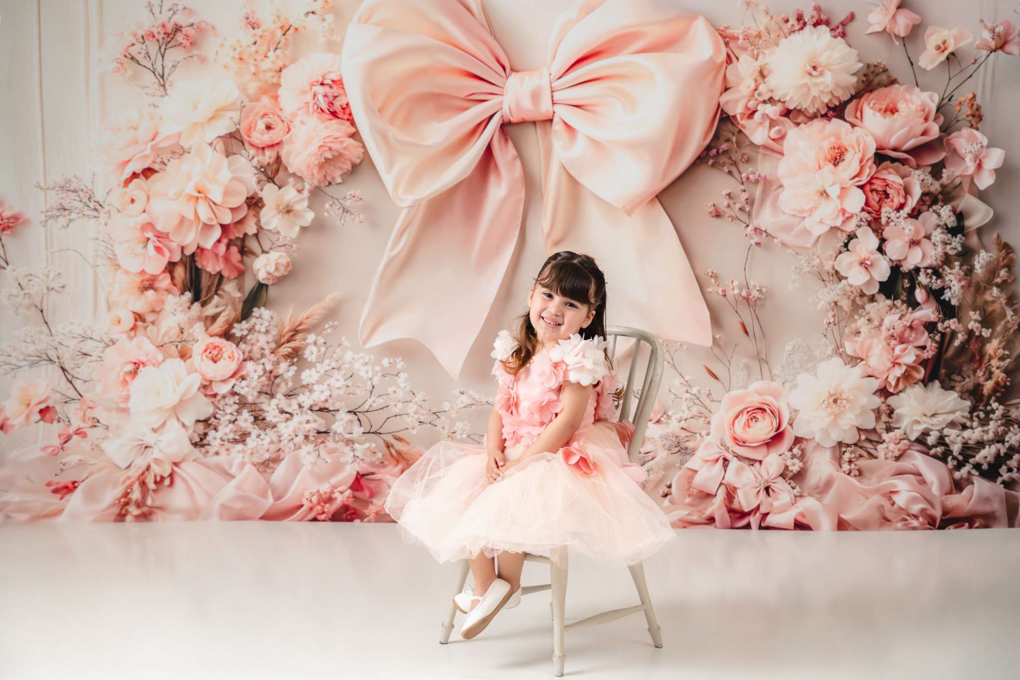 Kate Fleece Pink Flowers Bow Backdrop Birthday Cake Smash Designed by Emetselch - Kate Backdrop AU