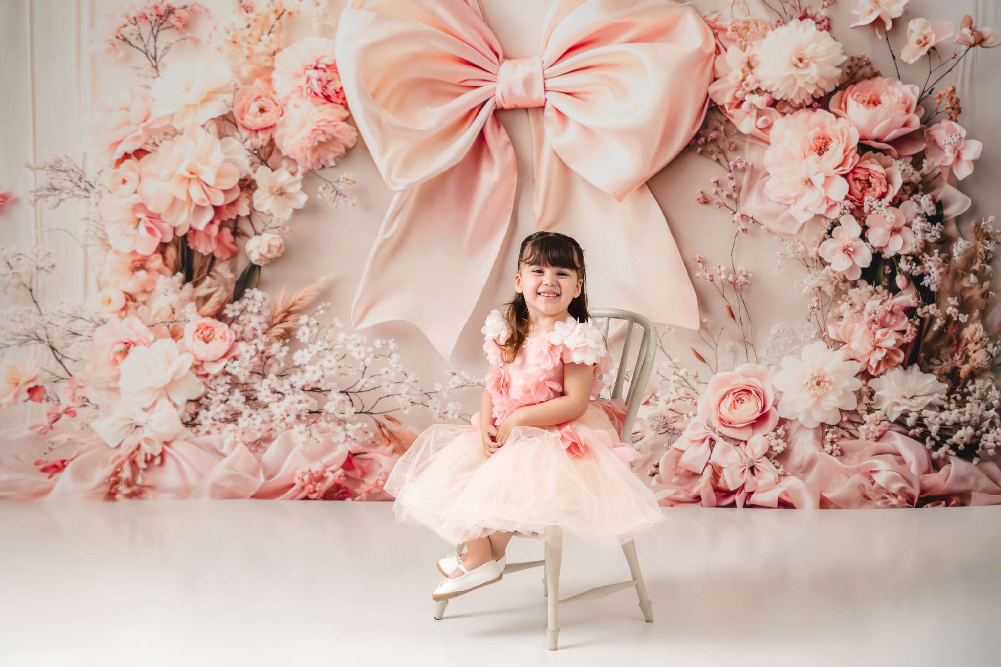 Kate Fleece Pink Flowers Bow Backdrop Birthday Cake Smash Designed by Emetselch - Kate Backdrop AU