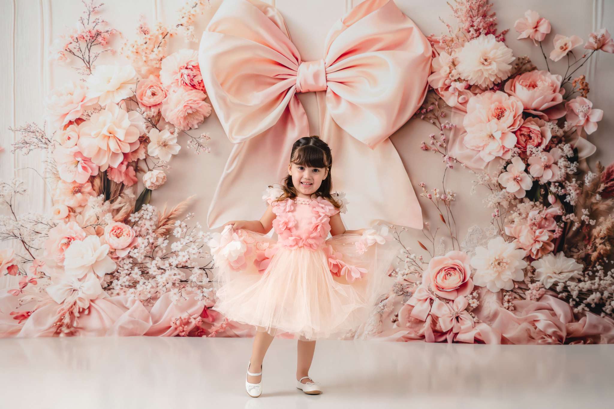 Kate Fleece Pink Flowers Bow Backdrop Birthday Cake Smash Designed by Emetselch - Kate Backdrop AU