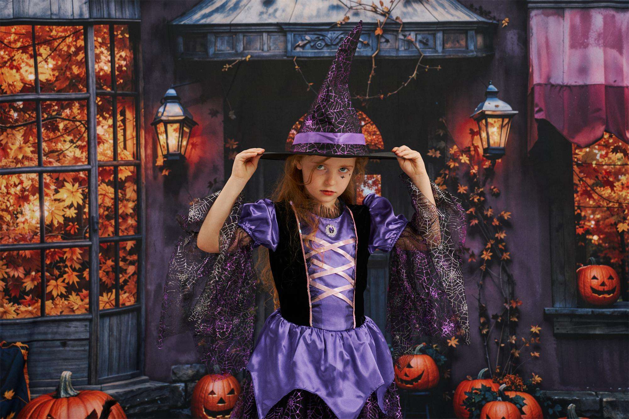 Kate Halloween Pumpkins Autumn Leaves Cobblestone Backdrop Designed by Chain - Kate Backdrop AU