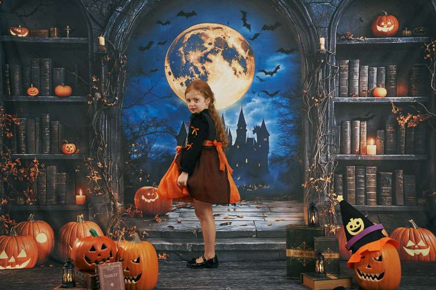 Kate Halloween Pumpkins Full Moon Castle Backdrop Designed by Emetselch - Kate Backdrop AU