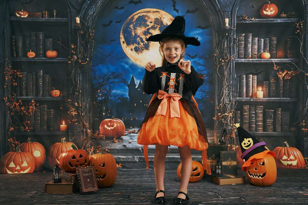 Kate Halloween Pumpkins Full Moon Castle Backdrop Designed by Emetselch - Kate Backdrop AU