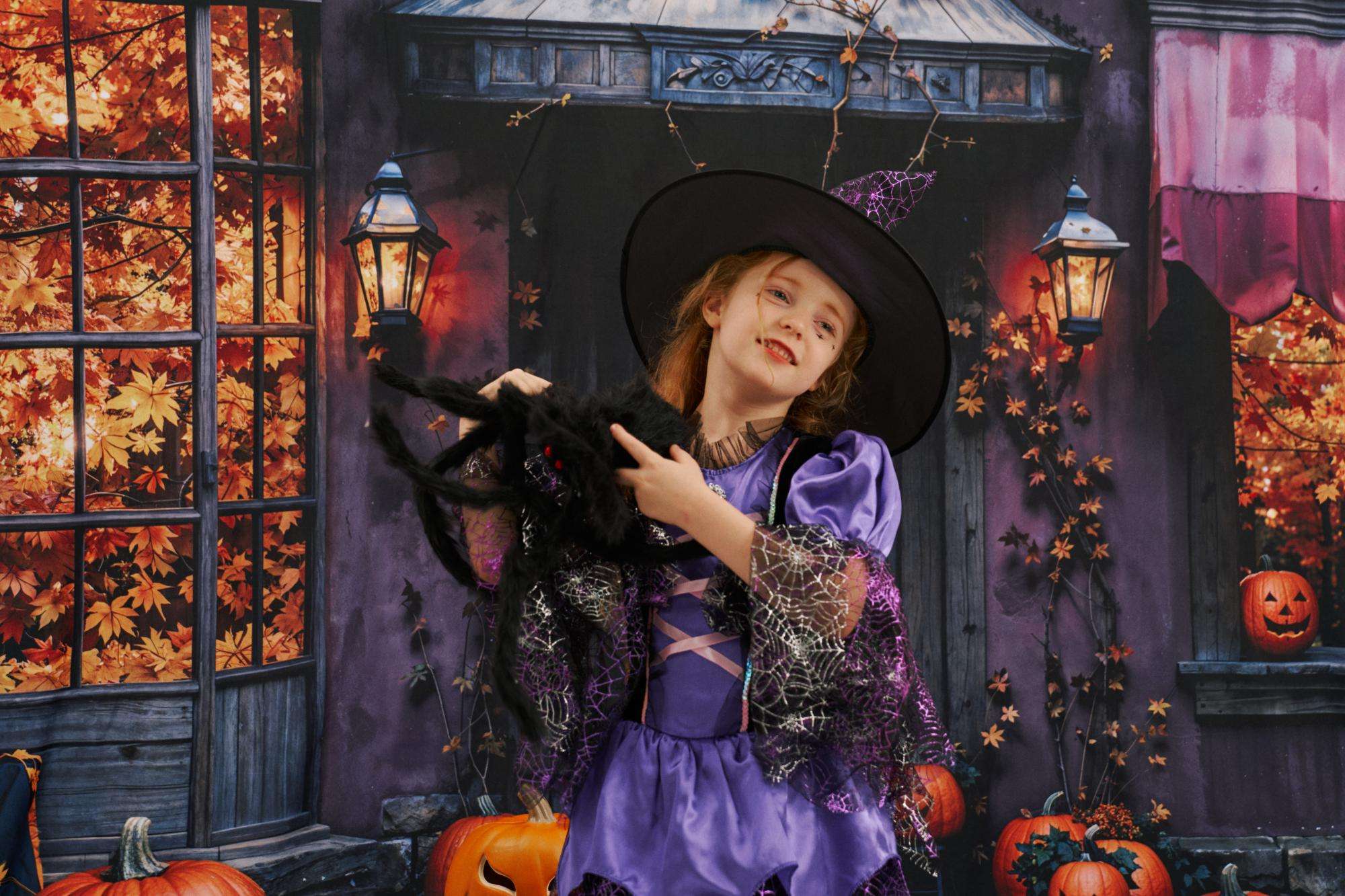 Kate Halloween Pumpkins Autumn Leaves Cobblestone Backdrop Designed by Chain - Kate Backdrop AU
