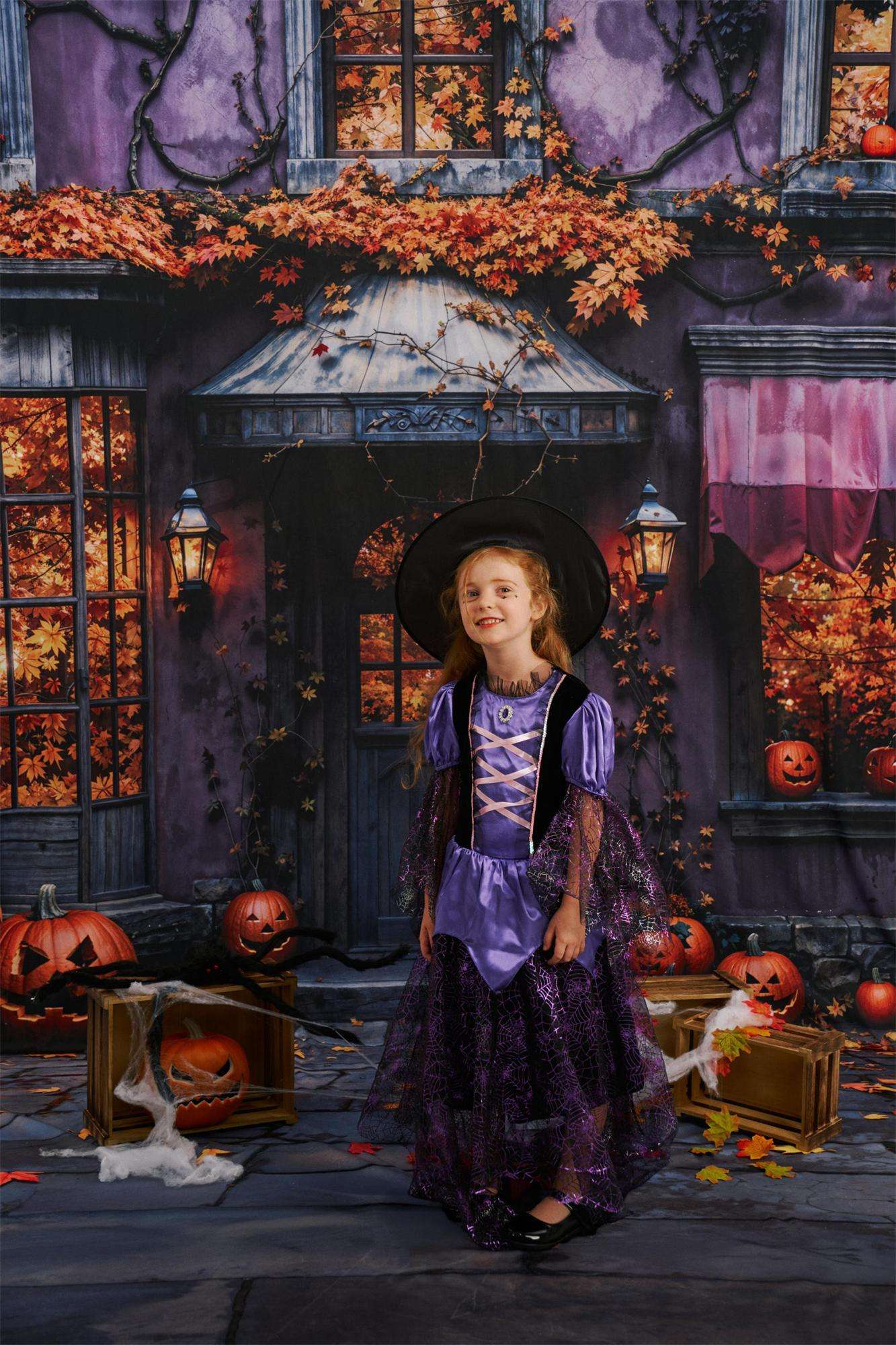Kate Halloween Pumpkins Autumn Leaves Cobblestone Backdrop Designed by Chain - Kate Backdrop AU