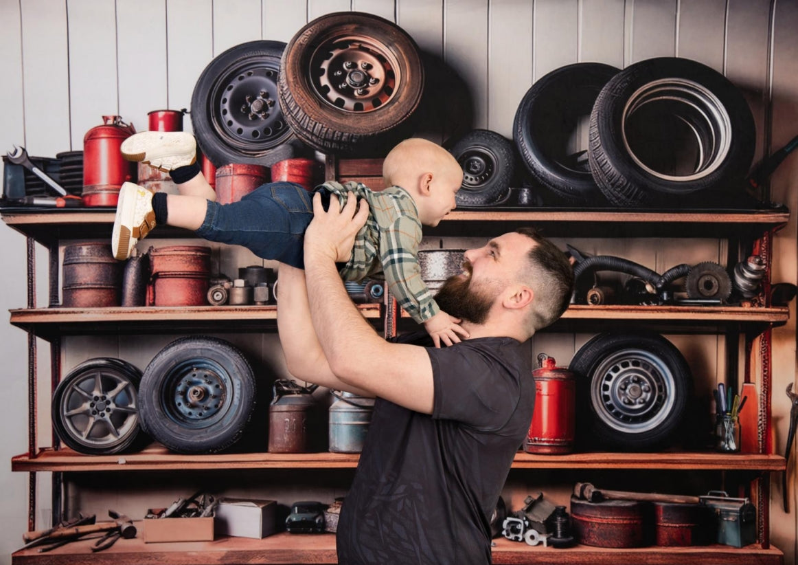 Kate Mechanic Garage Shelves Backdrop Designed by Mandy Ringe Photography