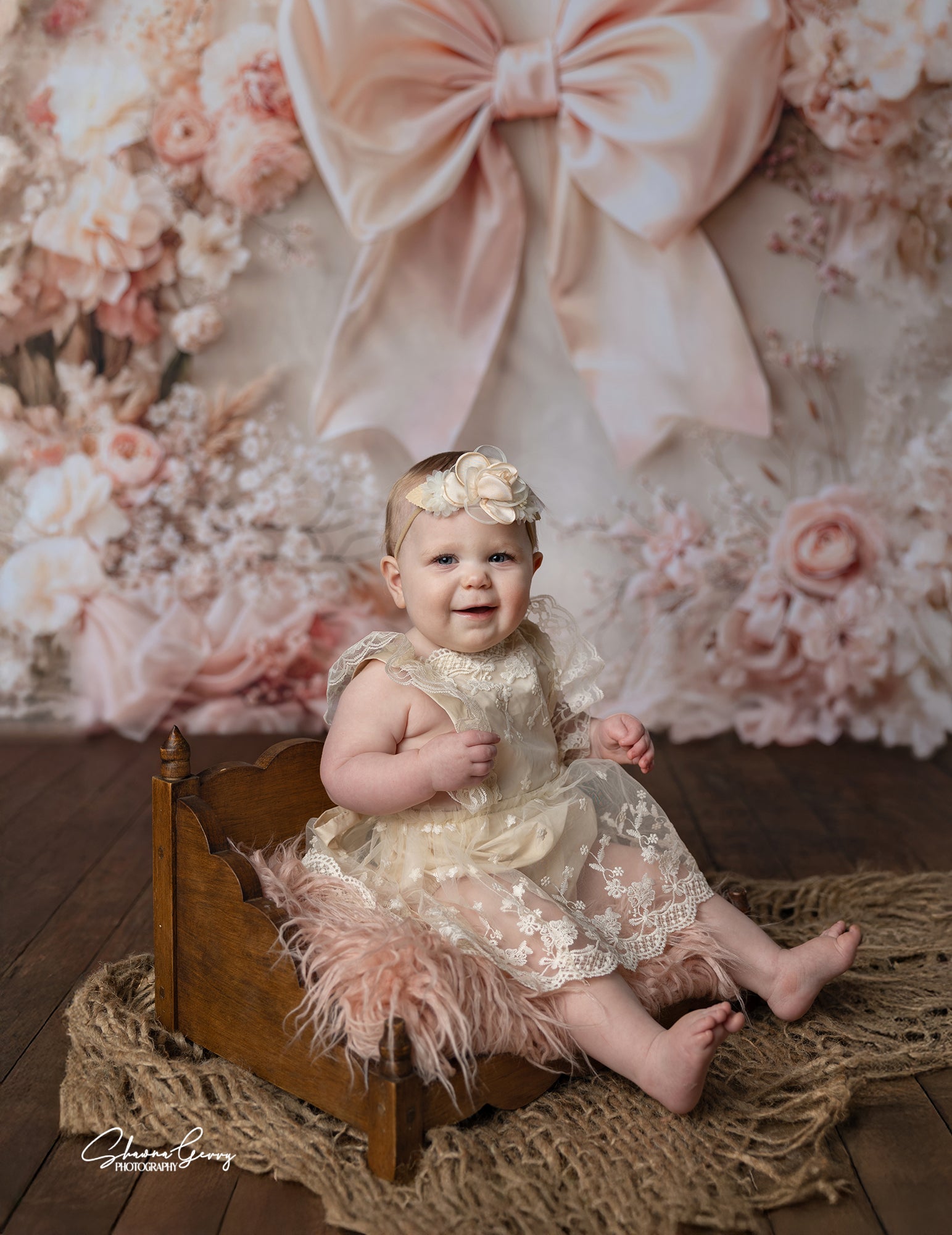 Kate Pink Flowers Bow Backdrop Designed by Emetselch - Kate Backdrop AU