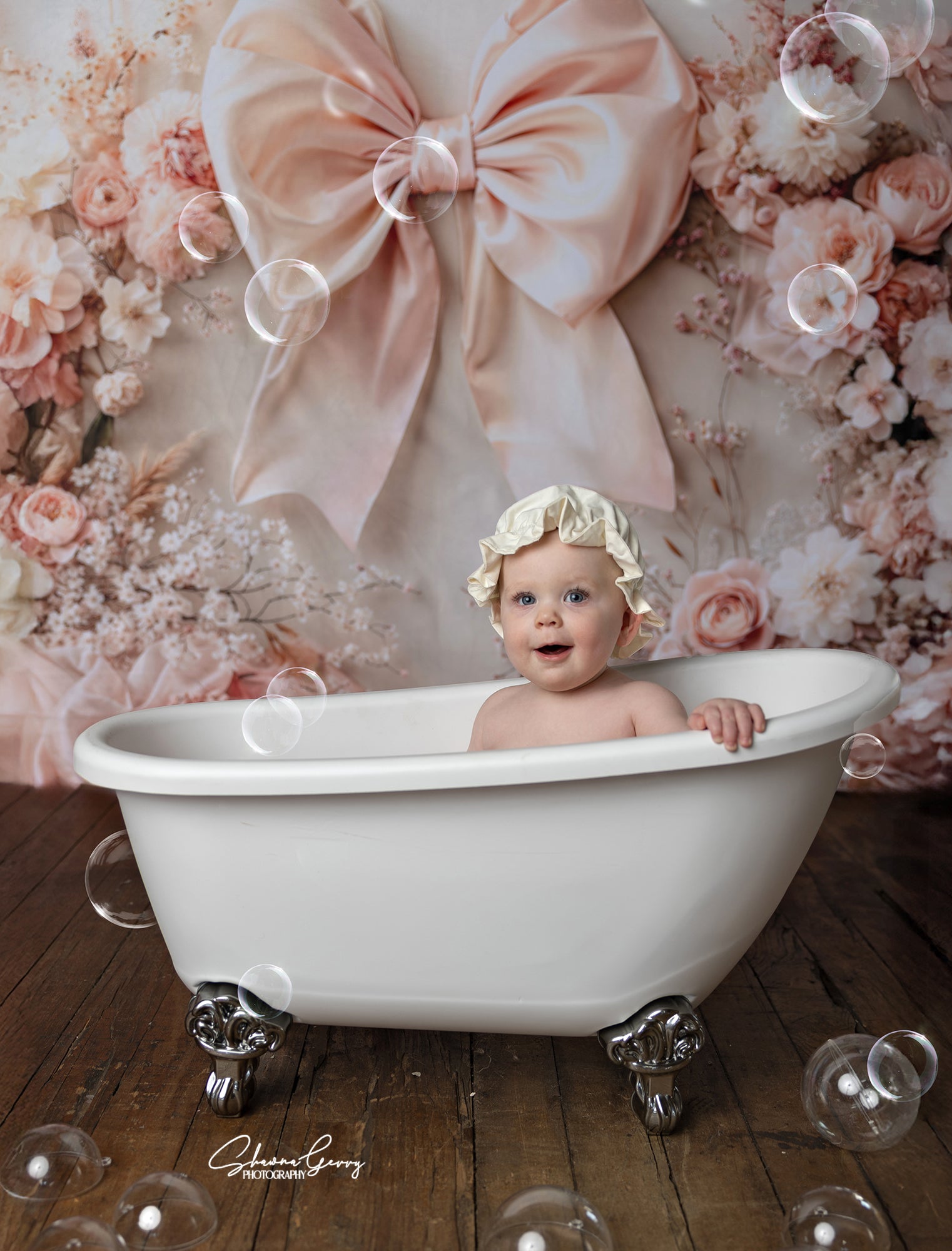 Kate Pink Flowers Bow Backdrop Designed by Emetselch