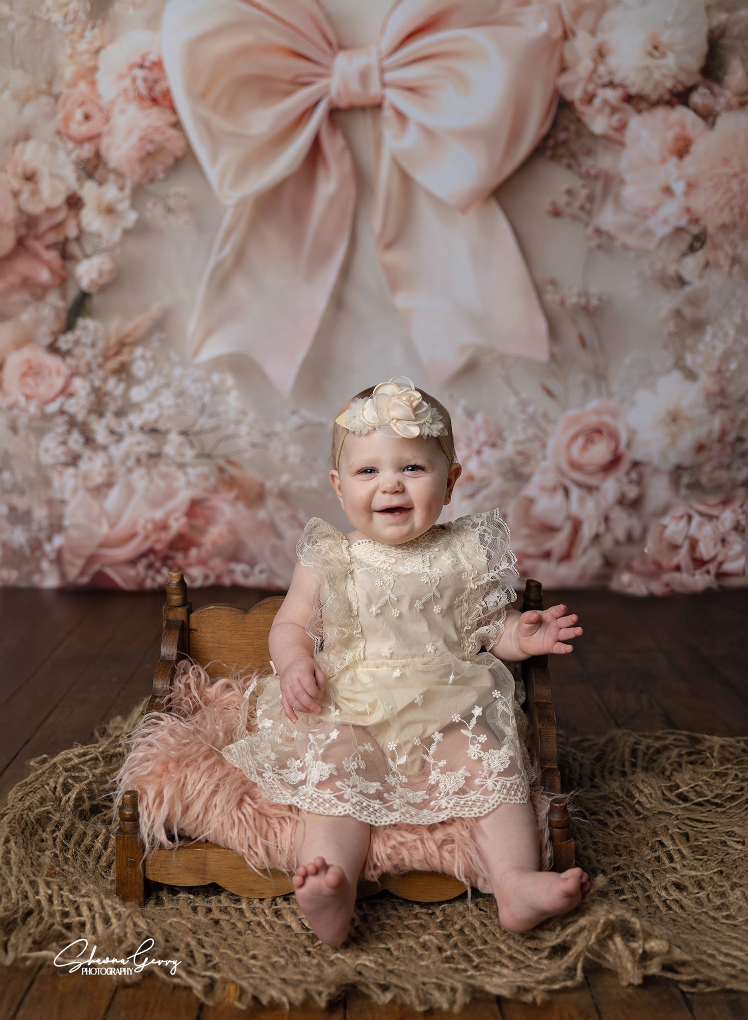 Kate Pink Flowers Bow Backdrop Designed by Emetselch